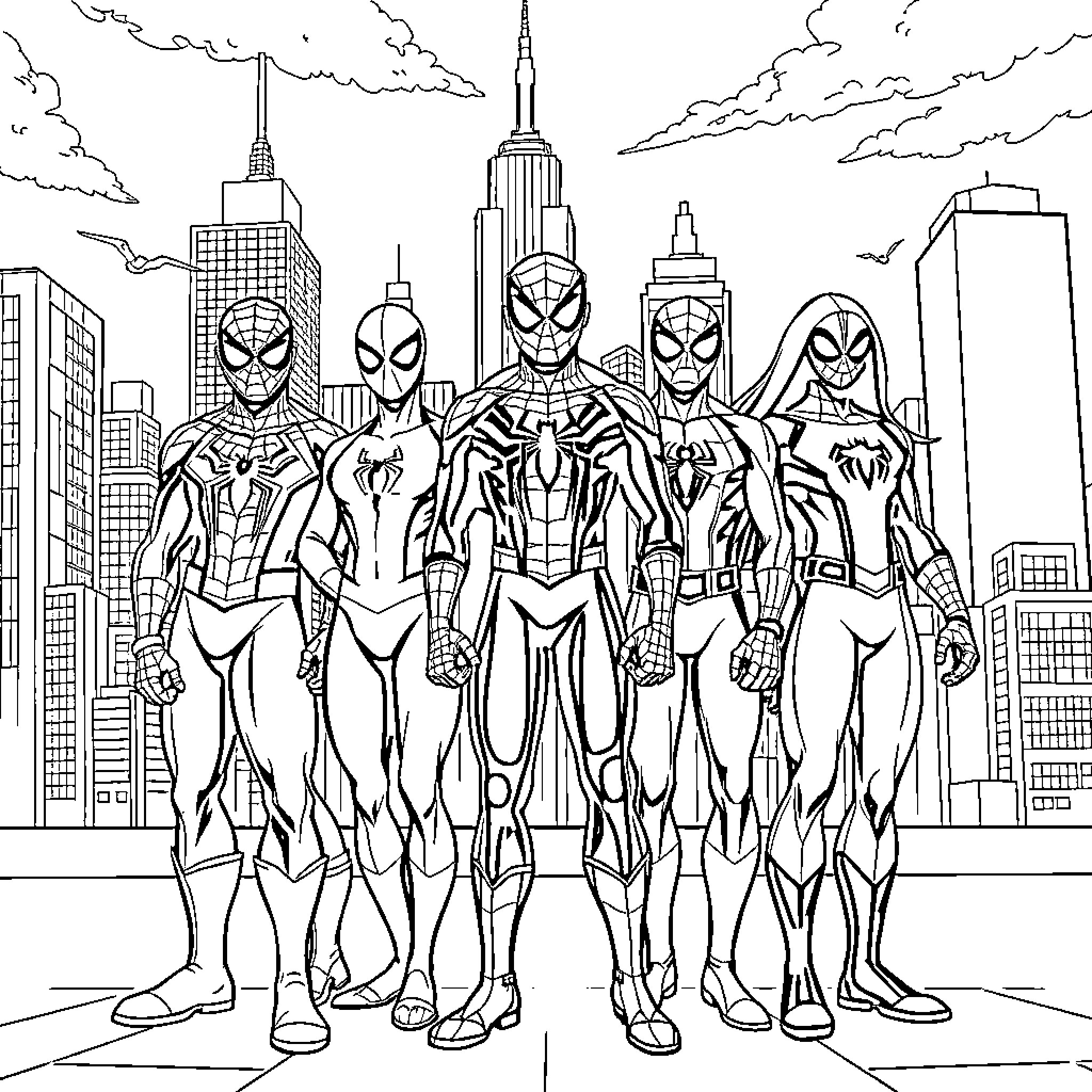 Spiderman team posing in front of city skyline Coloring Page (free black-and-white line drawing printable PDF for all, from beginners to advanced learners, including children, teens, adults, and seniors)