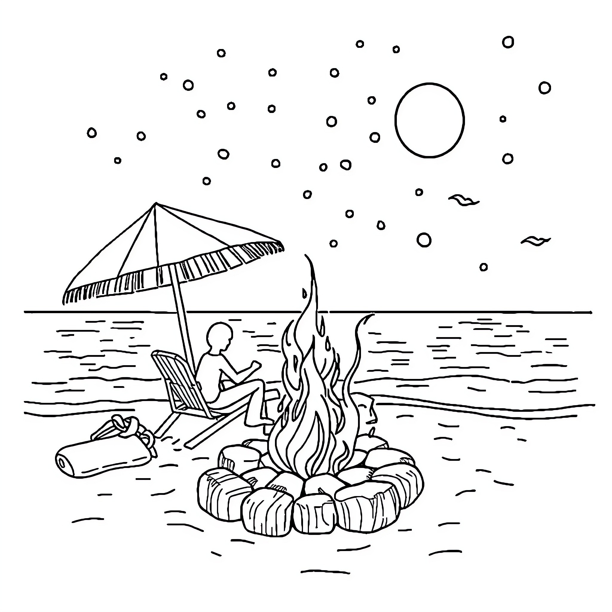 Summer night by the campfire Coloring Page (free black-and-white line drawing printable PDF for all, from beginners to advanced learners, including children, teens, adults, and seniors)
