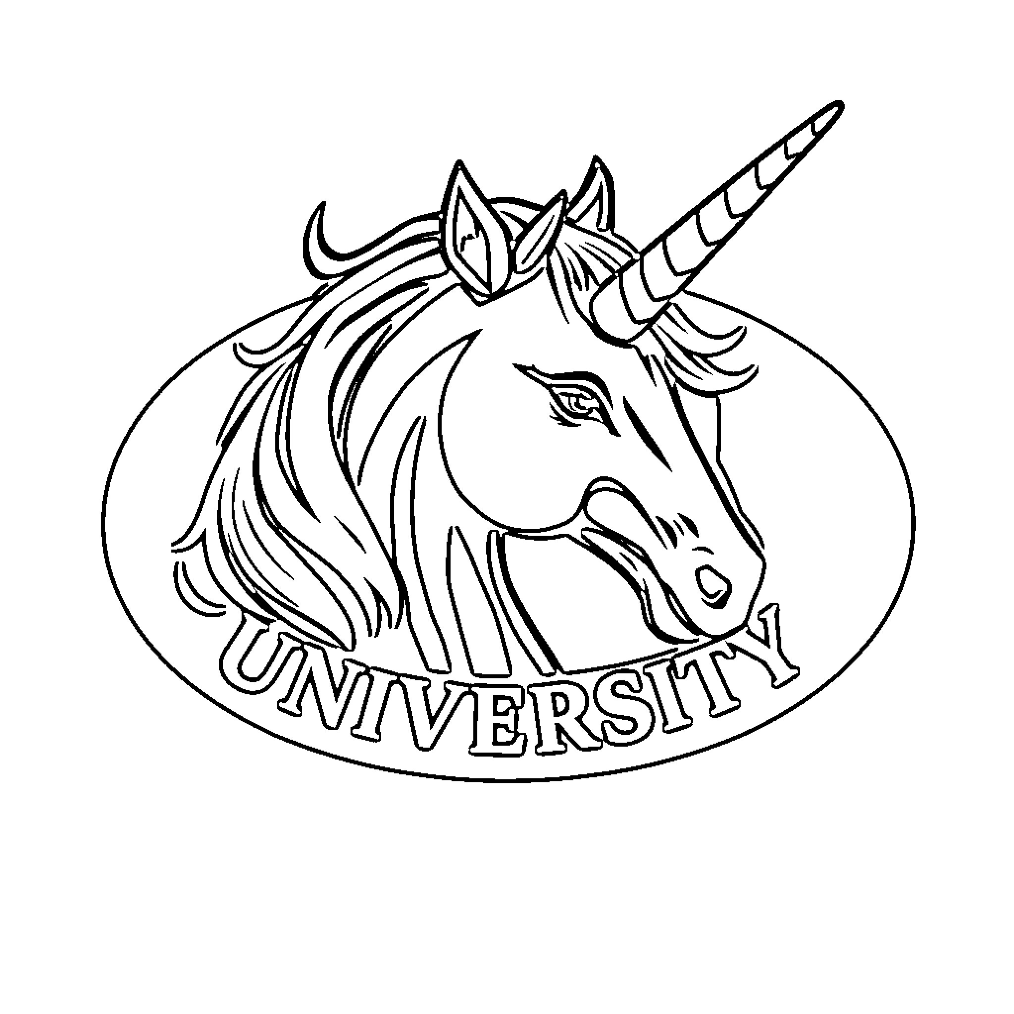 Unicorn University Logo Design Coloring Page (free black-and-white line drawing printable PDF for all, from beginners to advanced learners, including children, teens, adults, and seniors)