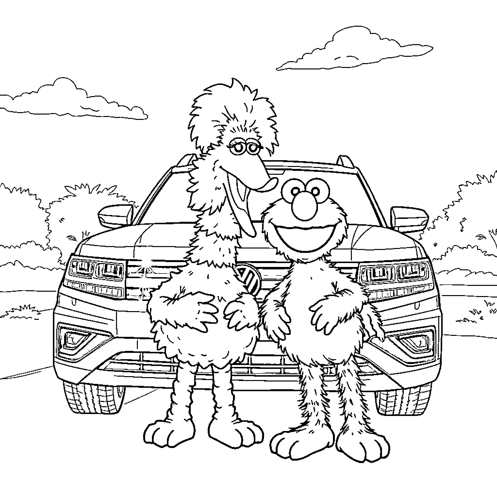 Elmo and Ernie explore the countryside in a vehicle Coloring Page (free black-and-white line drawing printable PDF for all, from beginners to advanced learners, including children, teens, adults, and seniors)
