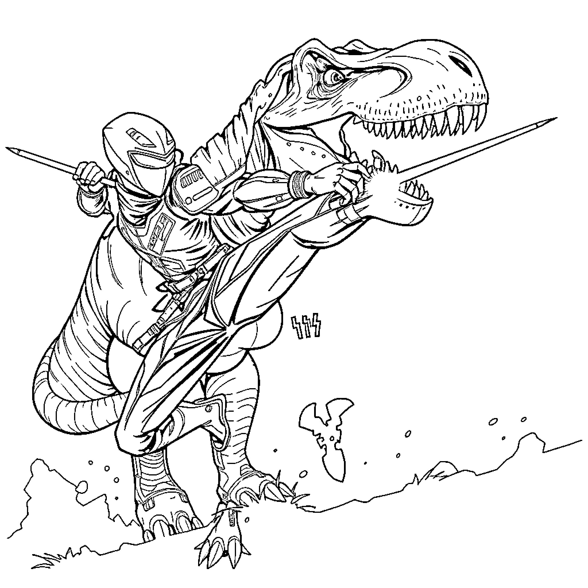 Ninja riding a ferocious dinosaur through the wilderness Coloring Page (free black-and-white line drawing printable PDF for all, from beginners to advanced learners, including children, teens, adults, and seniors)