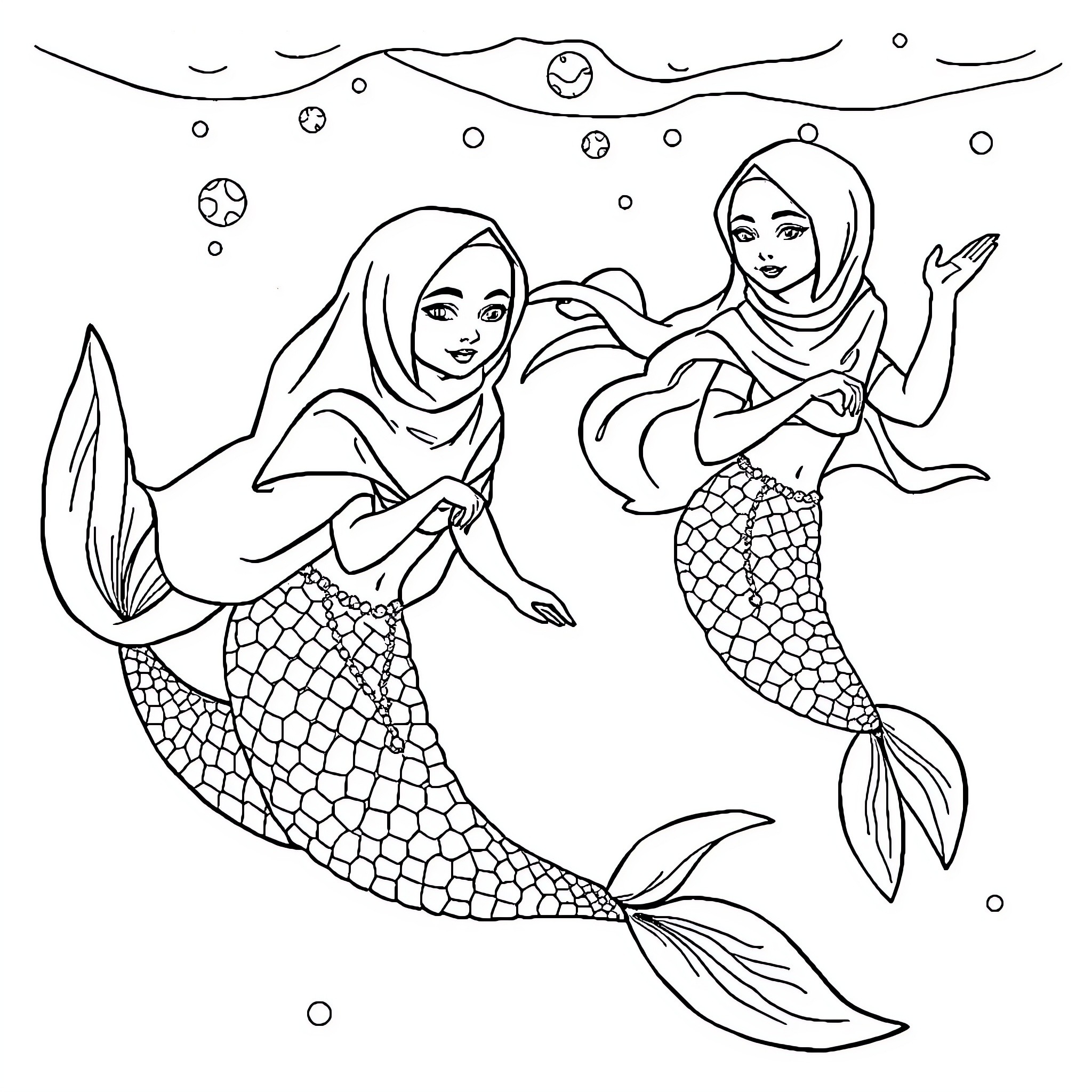 Mermaid Sisters Swimming in the Sea Coloring Page (free black-and-white line drawing printable PDF for all, from beginners to advanced learners, including children, teens, adults, and seniors)