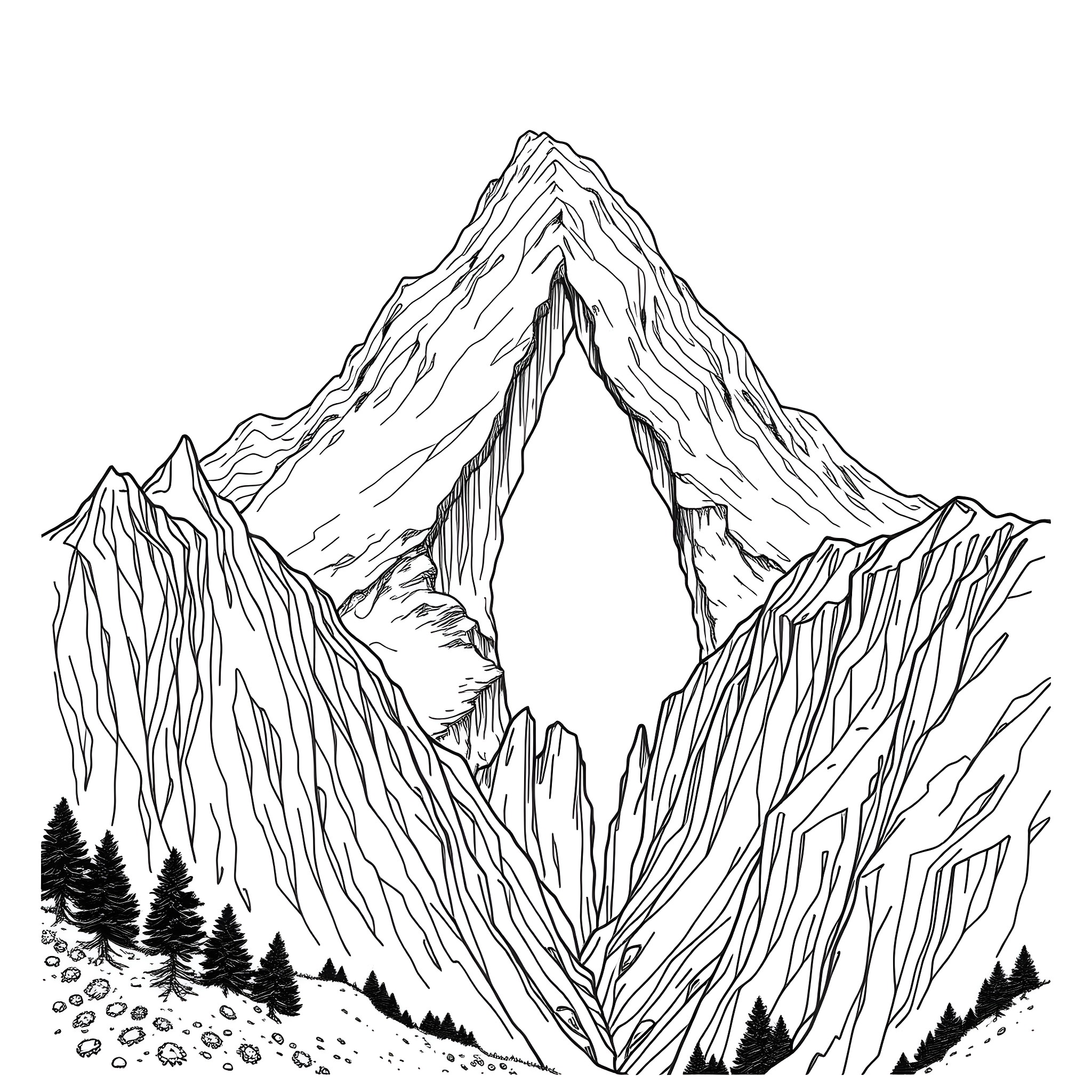 Mountain landscape with dramatic rocky peaks Coloring Page (free black-and-white line drawing printable PDF for all, from beginners to advanced learners, including children, teens, adults, and seniors)