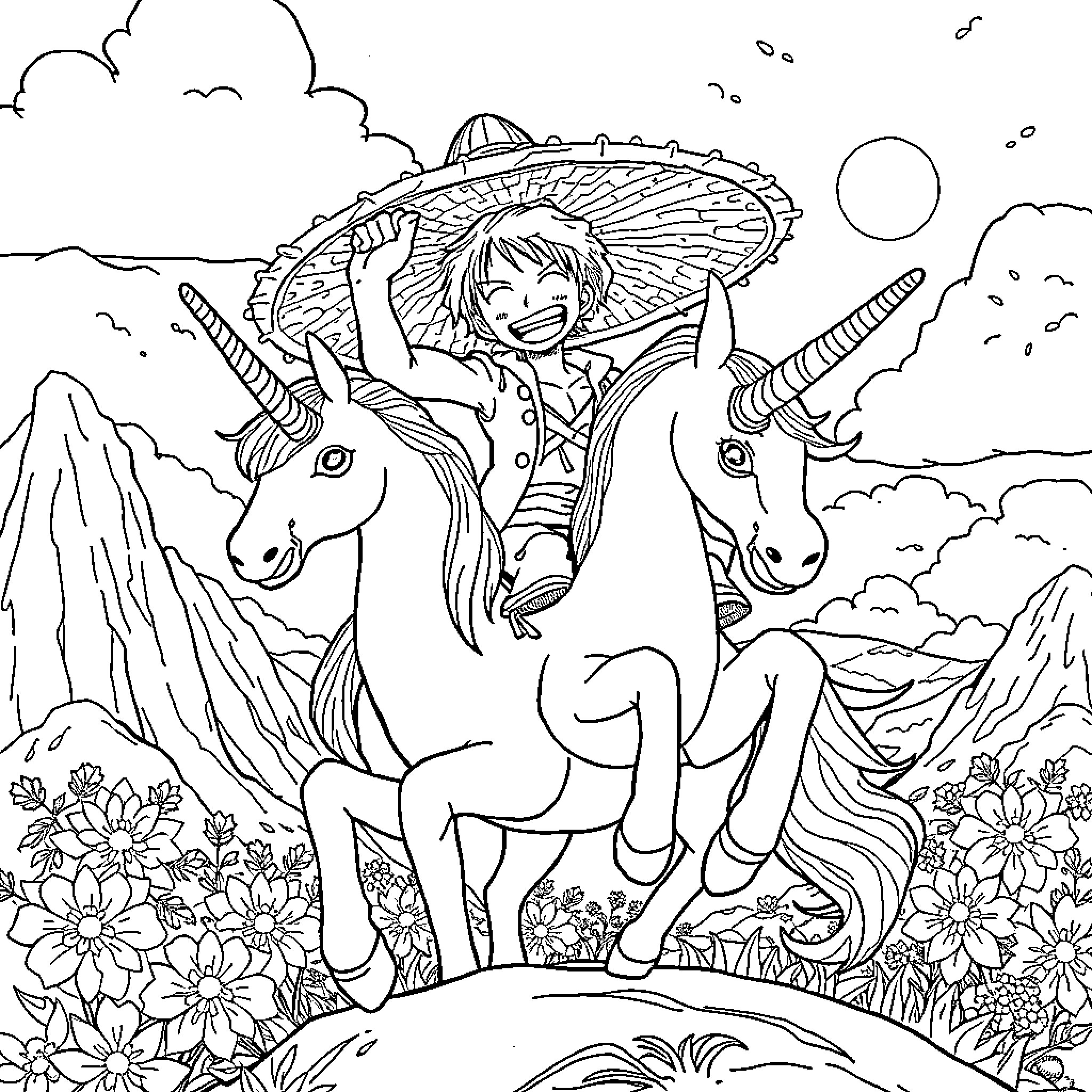 Luffy riding unicorns in a magical landscape Coloring Page (free black-and-white line drawing printable PDF for all, from beginners to advanced learners, including children, teens, adults, and seniors)