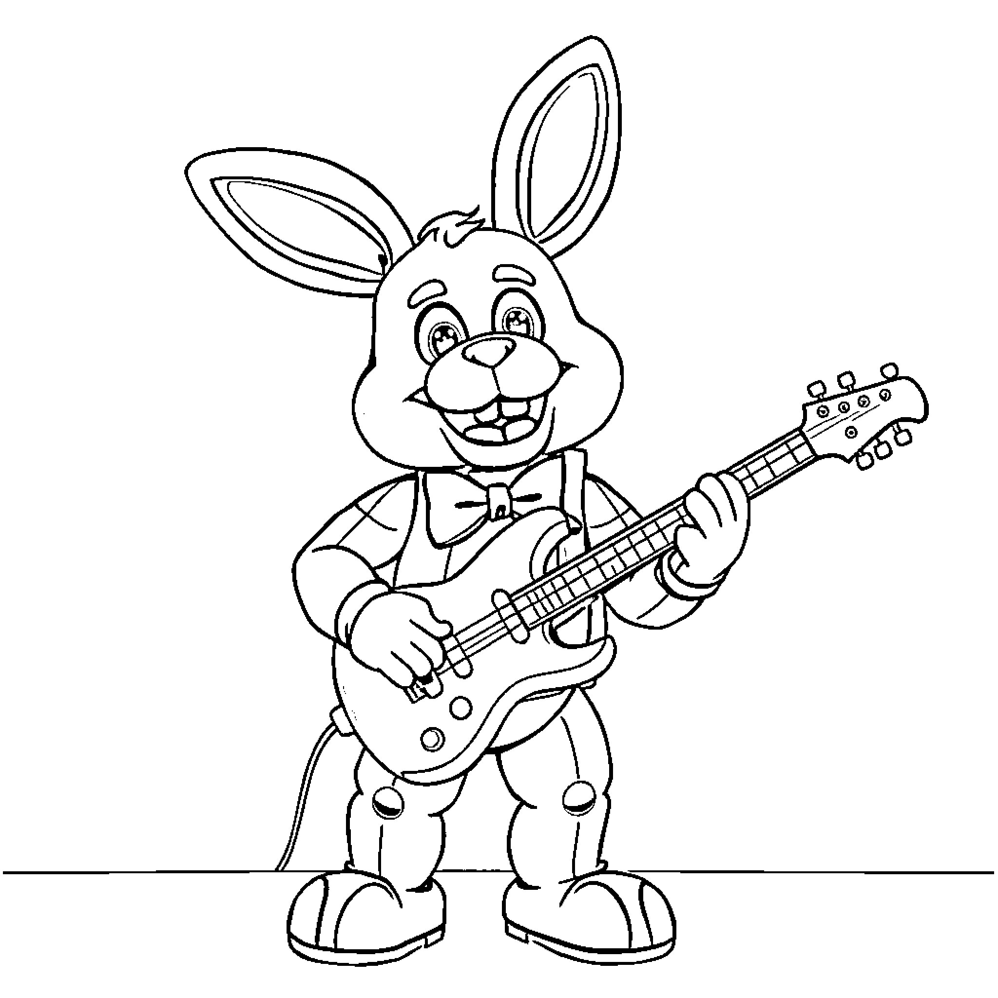 Bonnie the Bunny Musician Plays Guitar Coloring Page (free black-and-white line drawing printable PDF for all, from beginners to advanced learners, including children, teens, adults, and seniors)