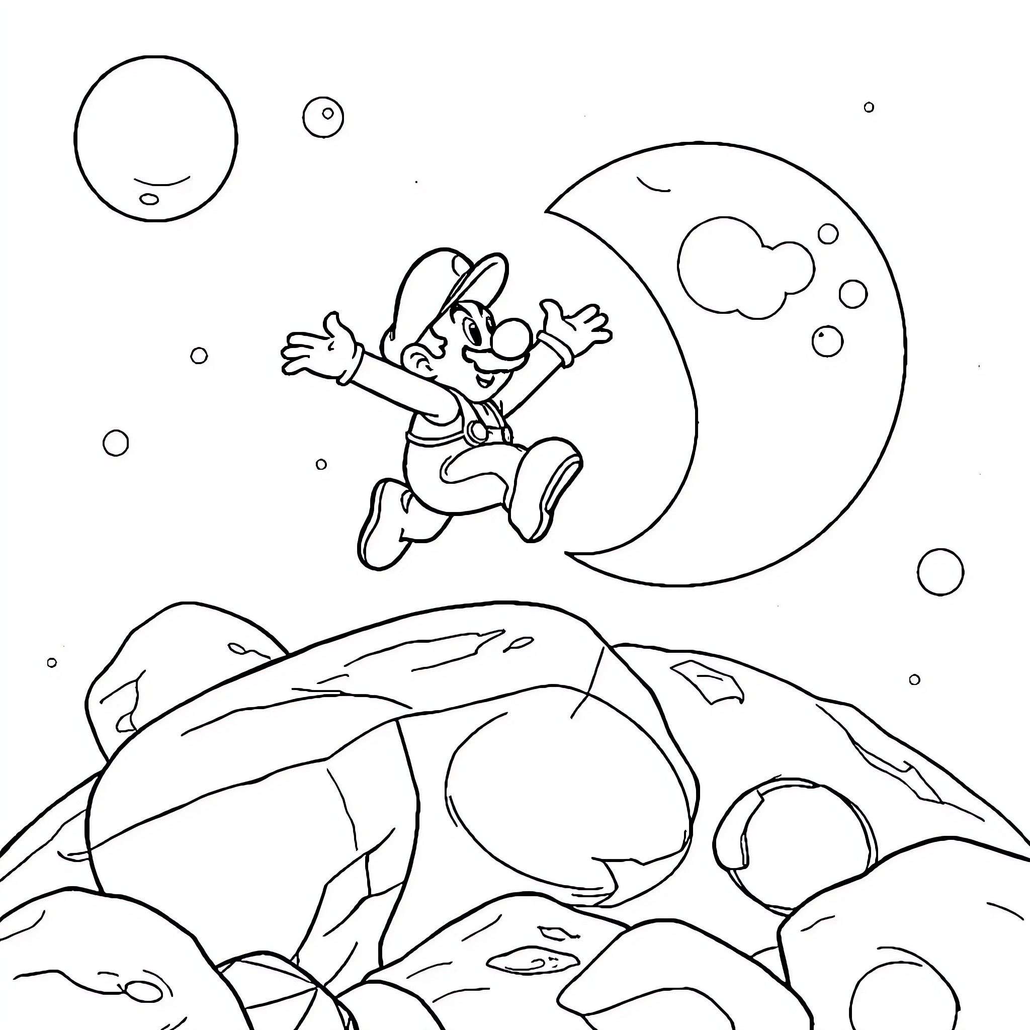 Super Mario's Cosmic Adventure Coloring Page (free black-and-white line drawing printable PDF for all, from beginners to advanced learners, including children, teens, adults, and seniors)