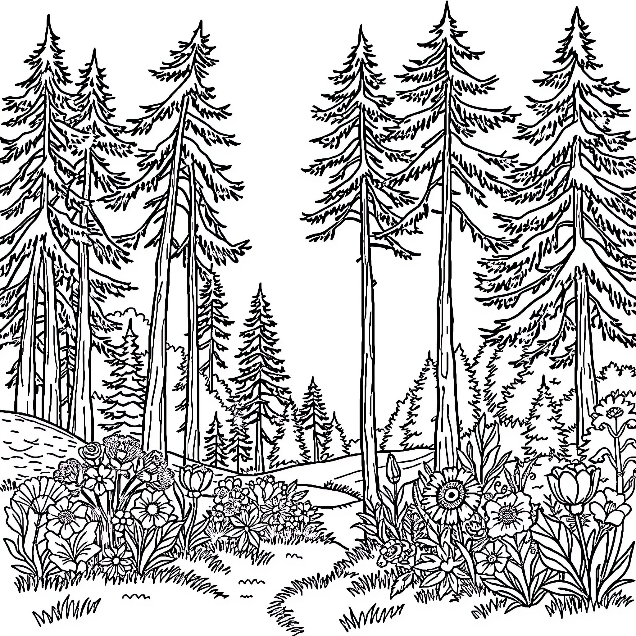 Nature's Serene Forest Landscape Coloring Page (free black-and-white line drawing printable PDF for all, from beginners to advanced learners, including children, teens, adults, and seniors)