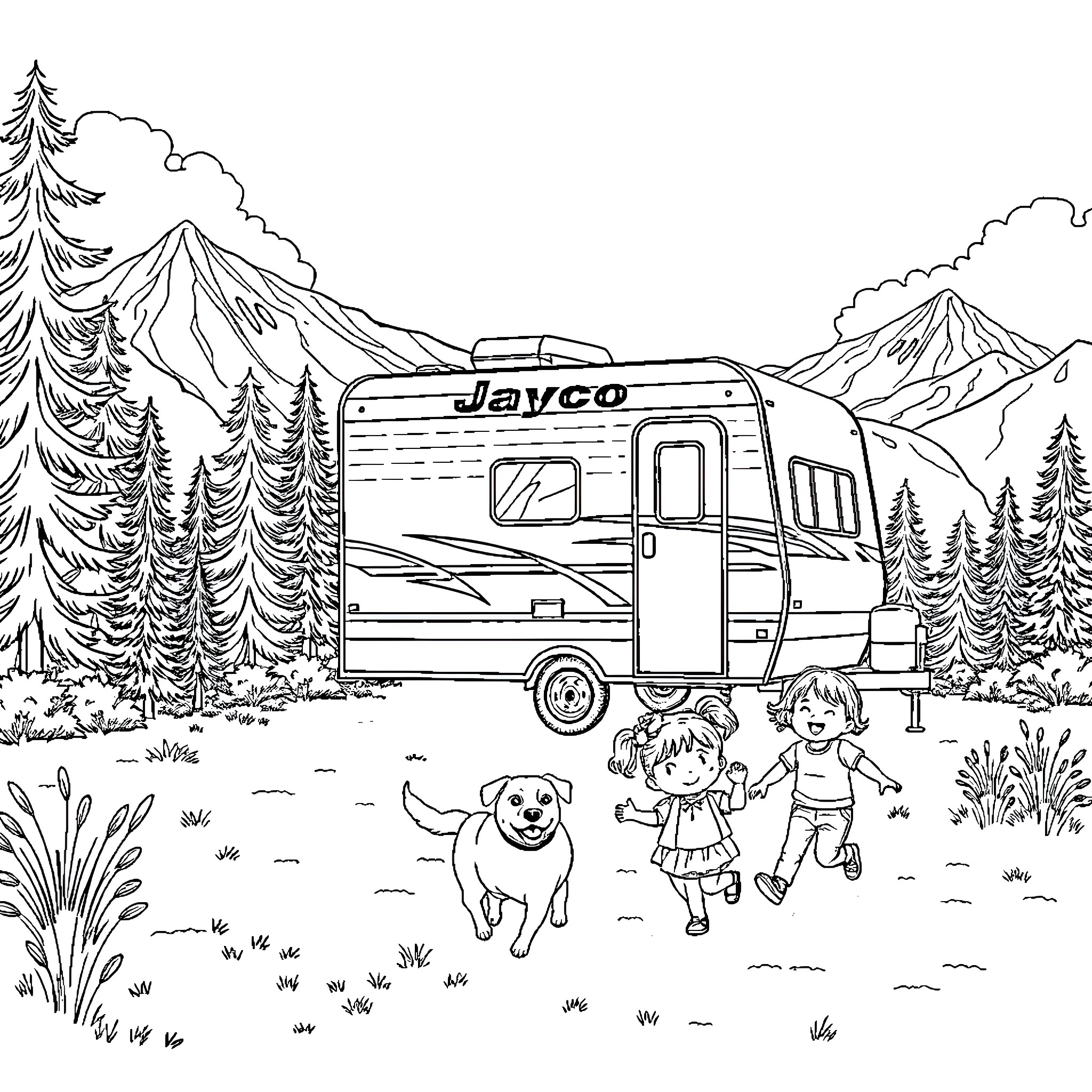 Trailer Camping with Children and Dog in the Mountains Coloring Page (free black-and-white line drawing printable PDF for all, from beginners to advanced learners, including children, teens, adults, and seniors)