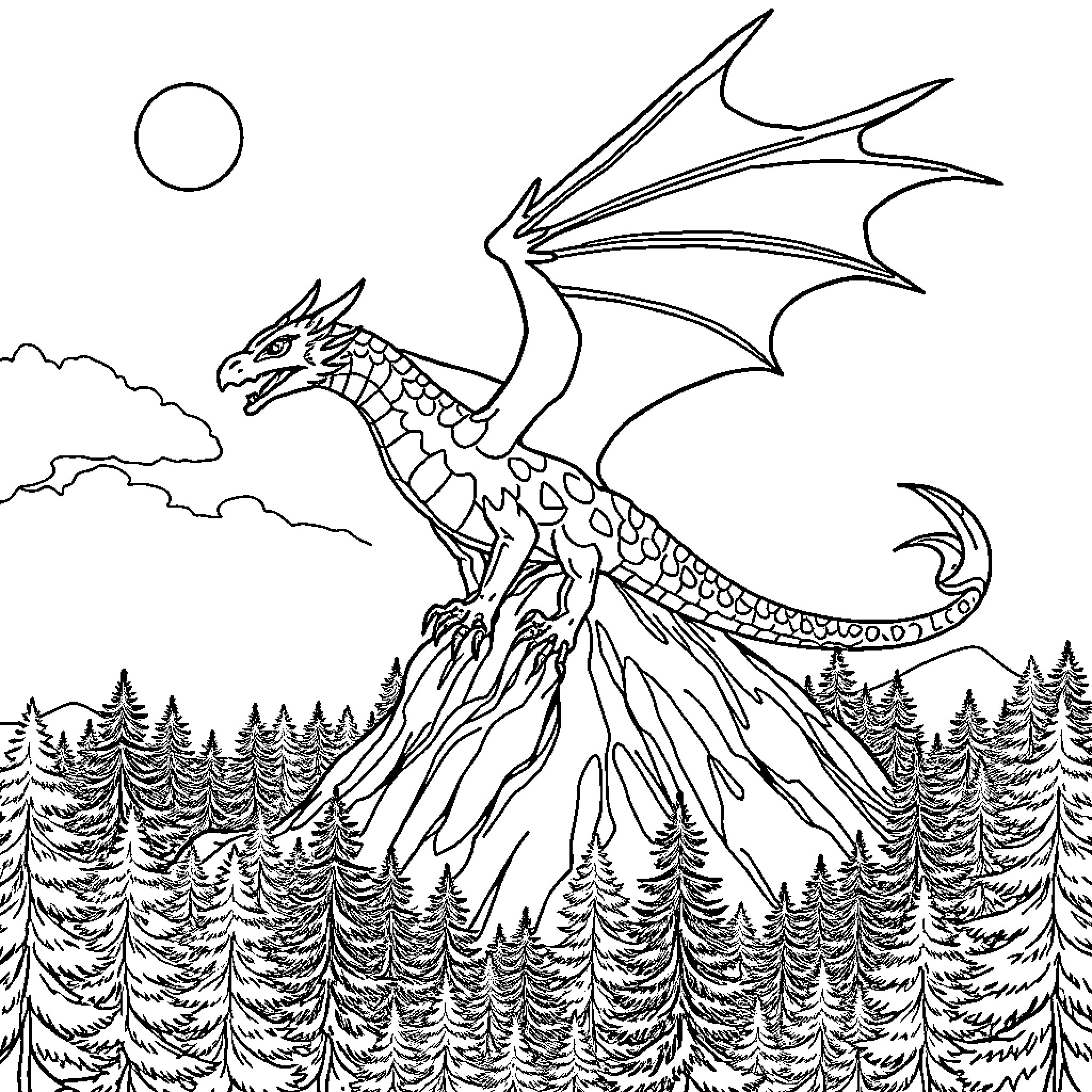 Dragon soaring over the enchanted forest Coloring Page (free black-and-white line drawing printable PDF for all, from beginners to advanced learners, including children, teens, adults, and seniors)