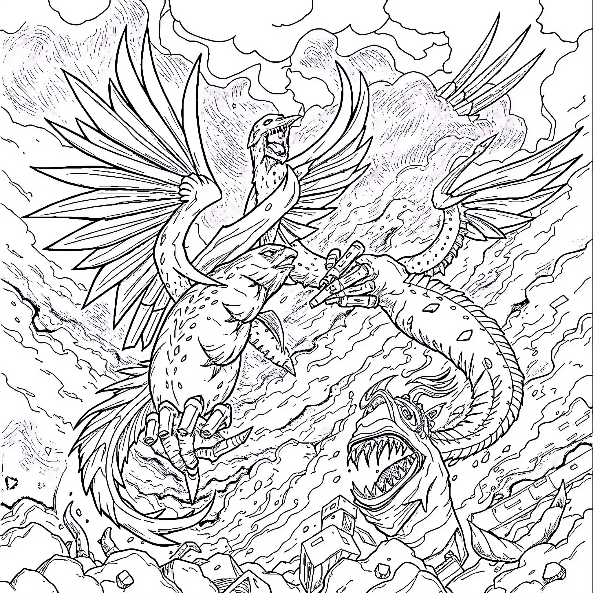Thunderbird battling a fearsome mythical creature Coloring Page (free black-and-white line drawing printable PDF for all, from beginners to advanced learners, including children, teens, adults, and seniors)