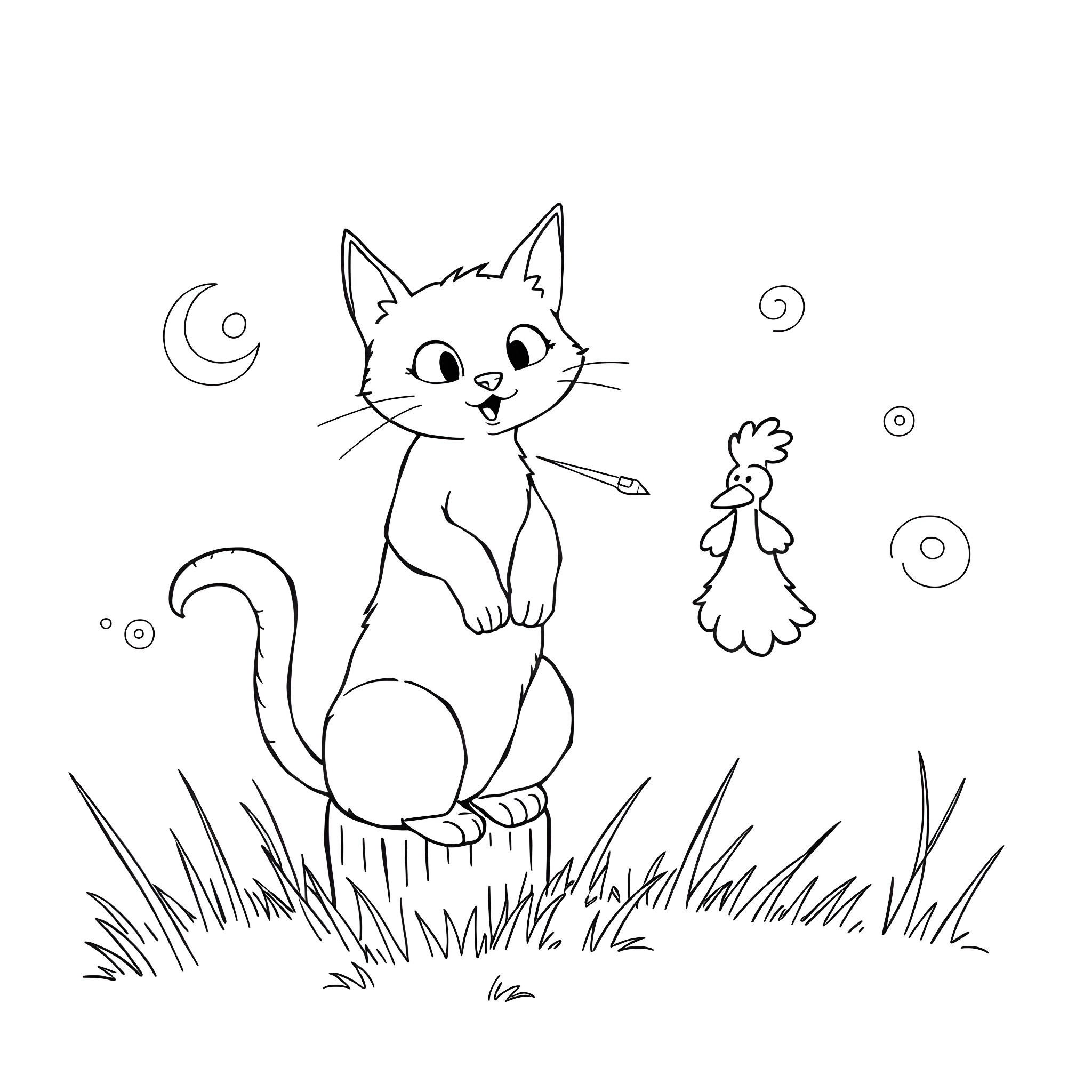 Cat sitting on a fence watching birds Coloring Page (free black-and-white line drawing printable PDF for all, from beginners to advanced learners, including children, teens, adults, and seniors)