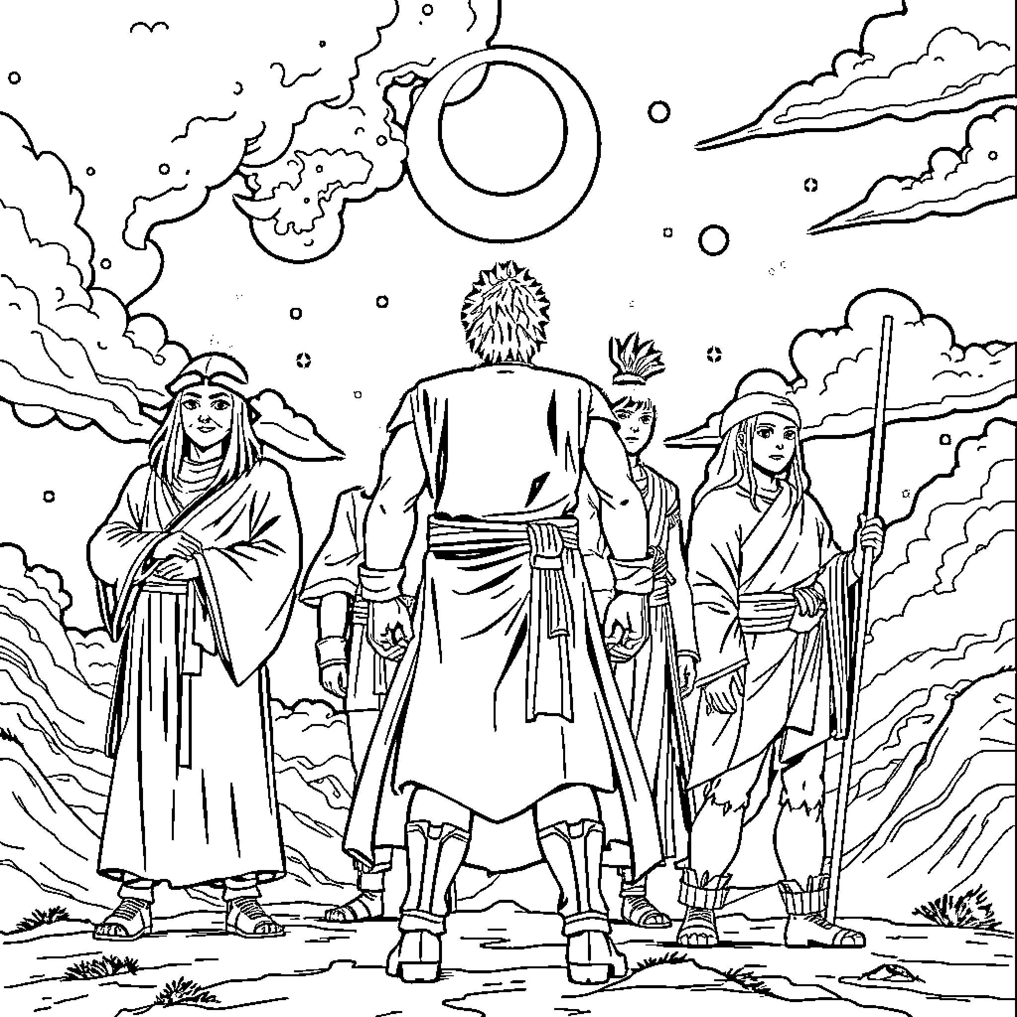 Minato and the Mysterious Travelers in the Otherworldly Landscape Coloring Page (free black-and-white line drawing printable PDF for all, from beginners to advanced learners, including children, teens, adults, and seniors)