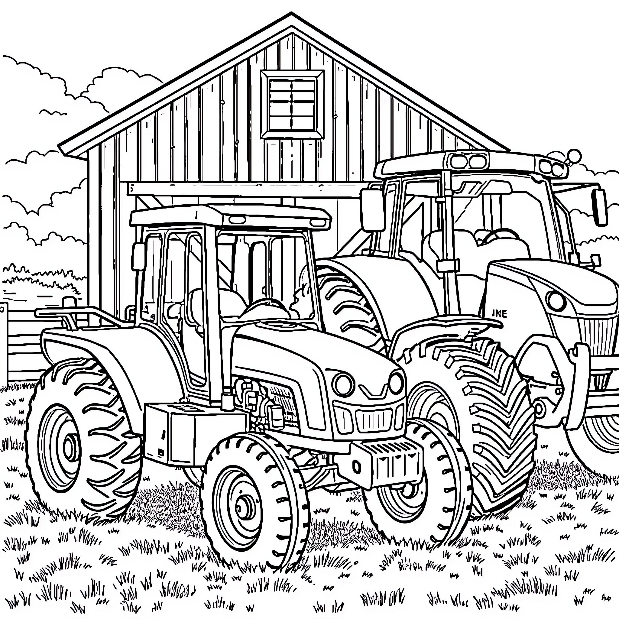 Tractor working diligently on the farm Coloring Page (free black-and-white line drawing printable PDF for all, from beginners to advanced learners, including children, teens, adults, and seniors)