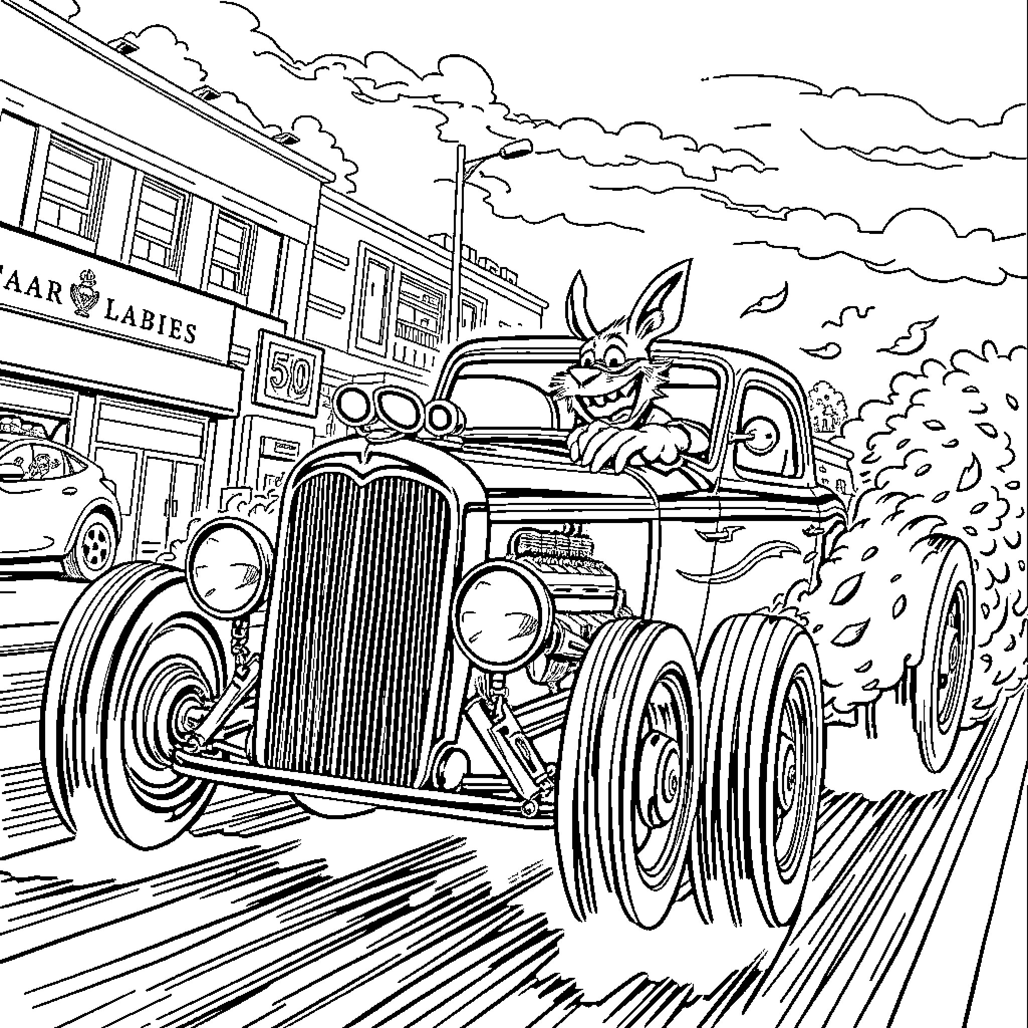 Rat Fink driving a hot rod down a city street Coloring Page (free black-and-white line drawing printable PDF for all, from beginners to advanced learners, including children, teens, adults, and seniors)