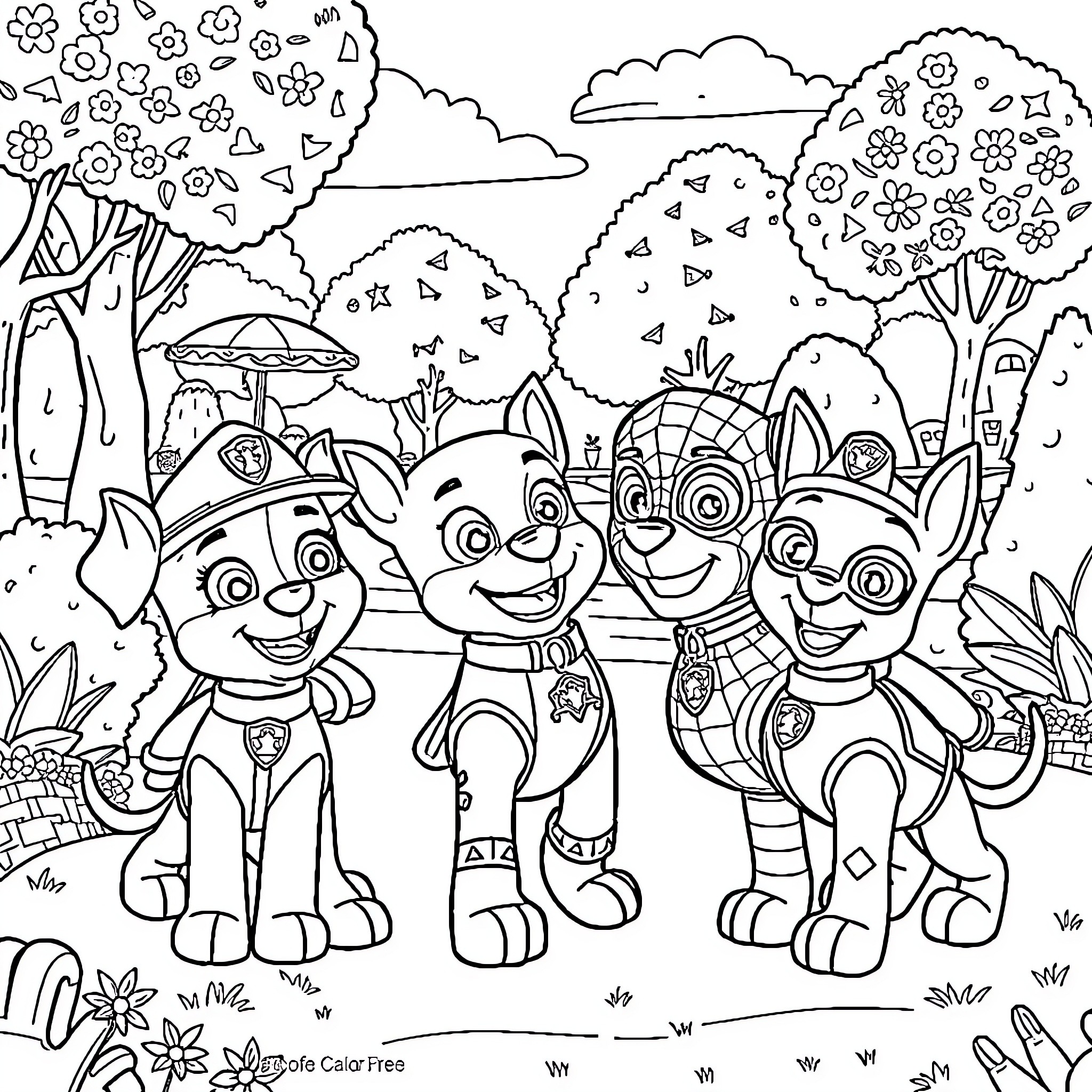 Paw Patrol characters exploring the outdoors Coloring Page (free black-and-white line drawing printable PDF for all, from beginners to advanced learners, including children, teens, adults, and seniors)