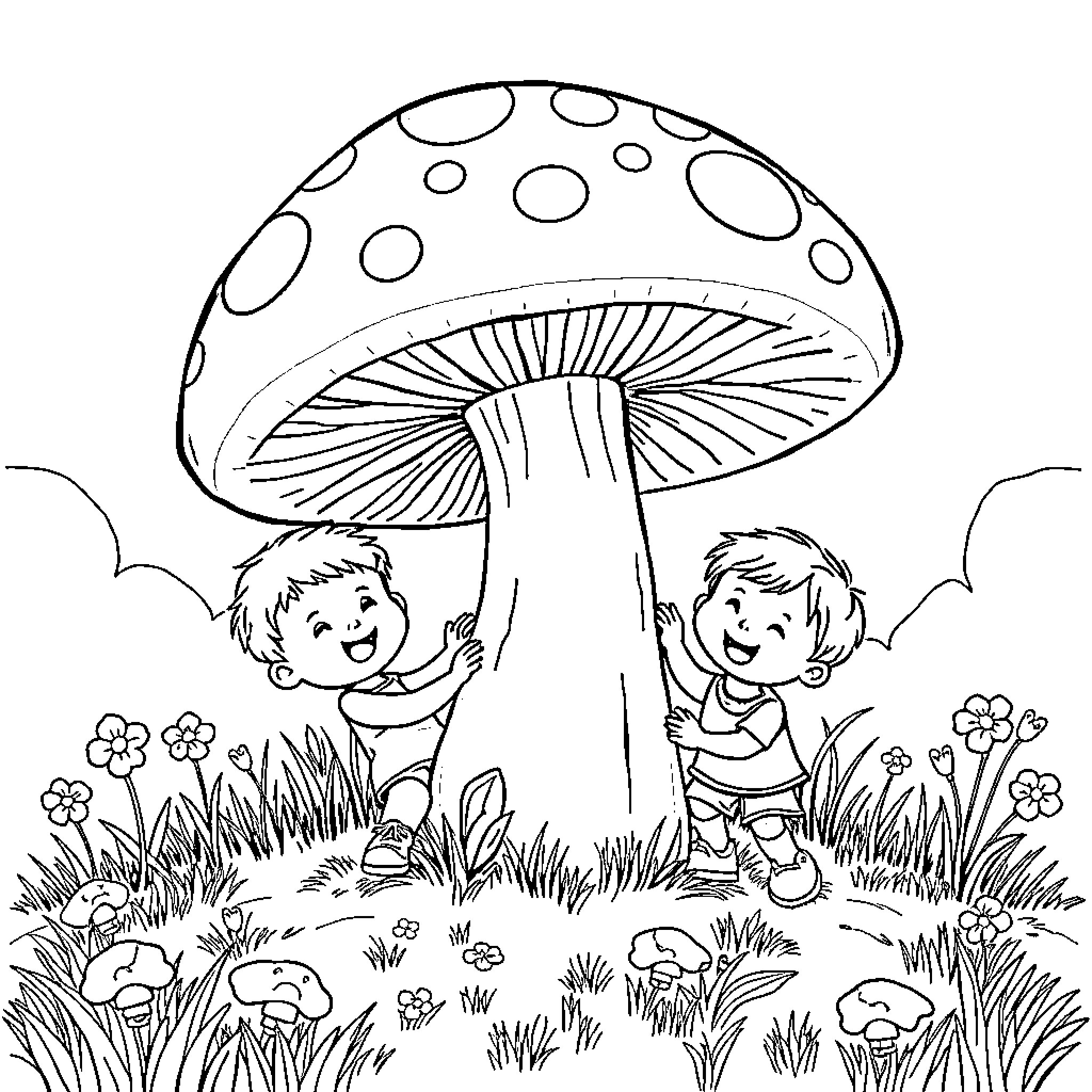 Toddlers playing in mushroom-filled meadow Coloring Page (free black-and-white line drawing printable PDF for all, from beginners to advanced learners, including children, teens, adults, and seniors)