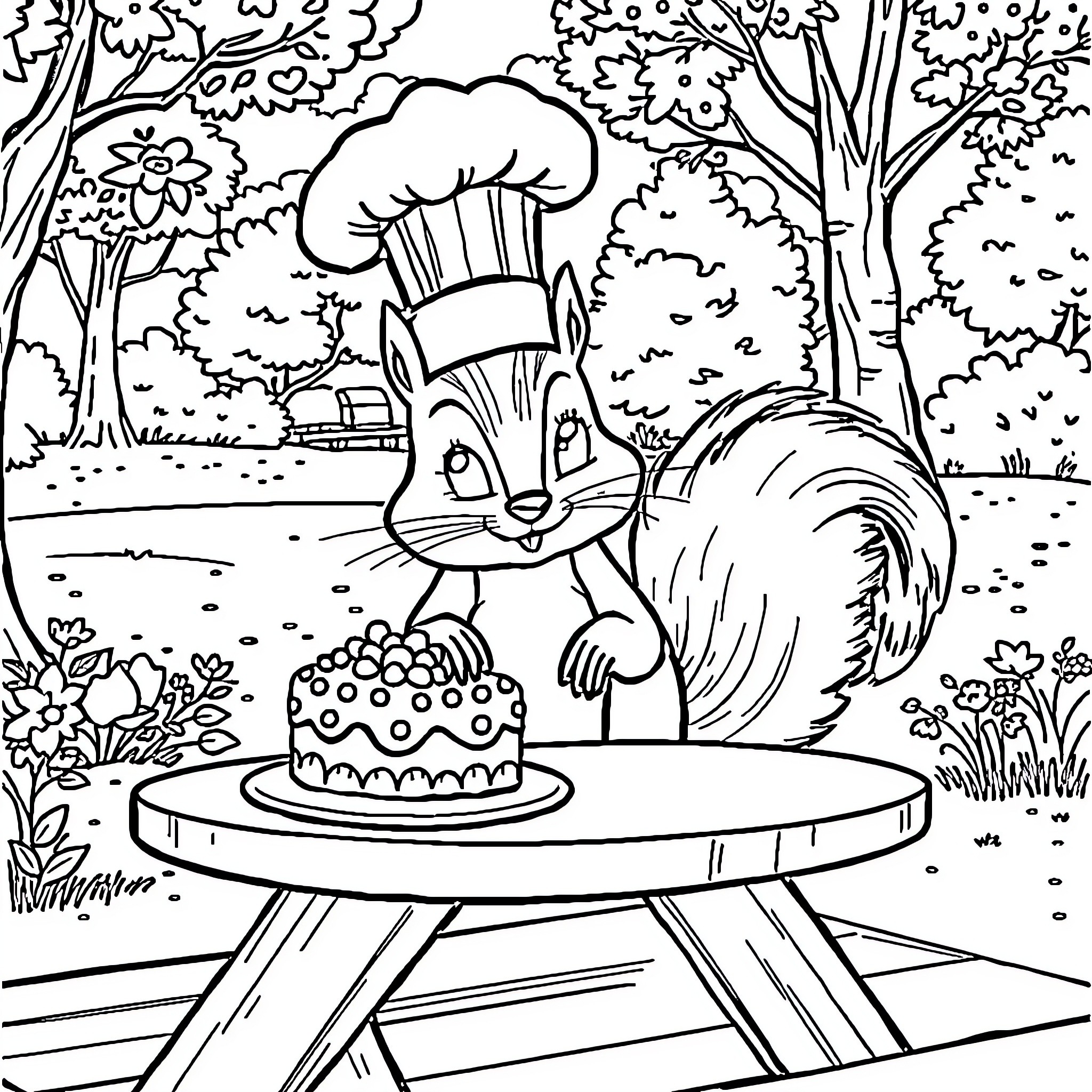 Squirrel chef baking a cake in the forest Coloring Page (free black-and-white line drawing printable PDF for all, from beginners to advanced learners, including children, teens, adults, and seniors)