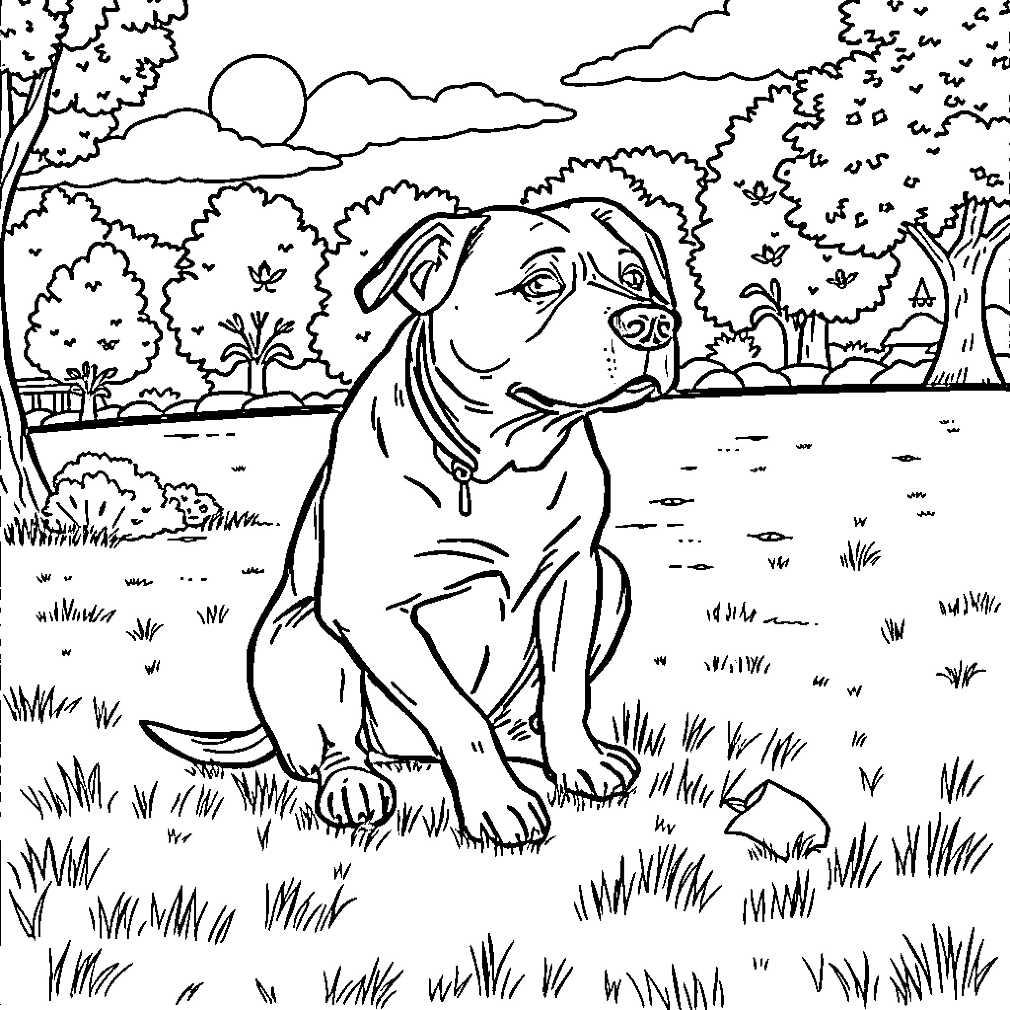 Dog sitting calmly in a peaceful outdoor scene Coloring Page (free black-and-white line drawing printable PDF for all, from beginners to advanced learners, including children, teens, adults, and seniors)