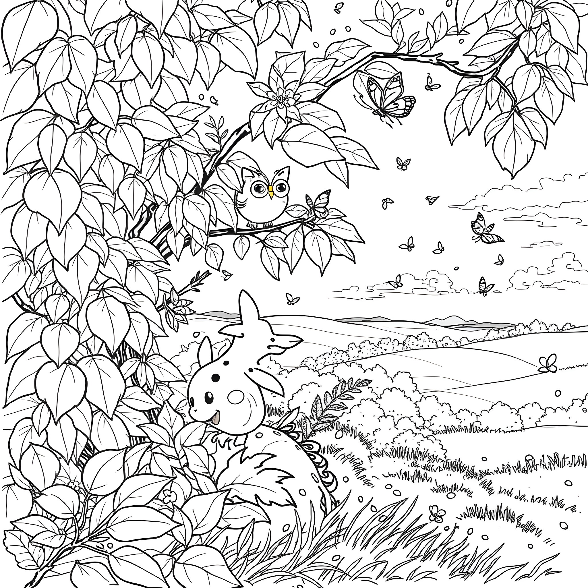 Cockroach hiding in nature with butterflies Coloring Page (free black-and-white line drawing printable PDF for all, from beginners to advanced learners, including children, teens, adults, and seniors)