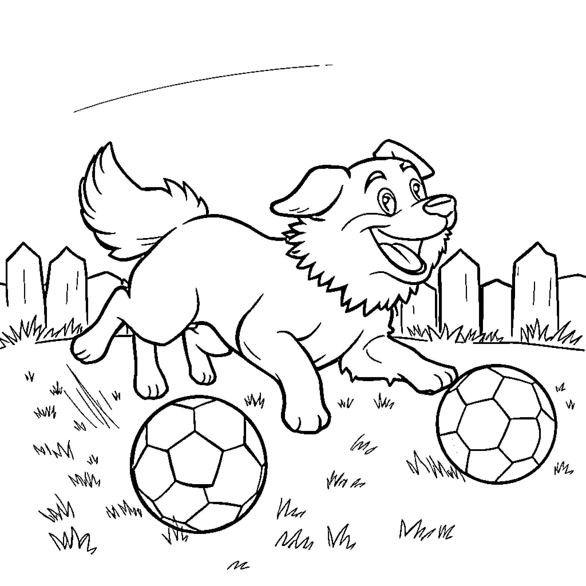 Dog playing with soccer balls in the park Coloring Page (free black-and-white line drawing printable PDF for all, from beginners to advanced learners, including children, teens, adults, and seniors)