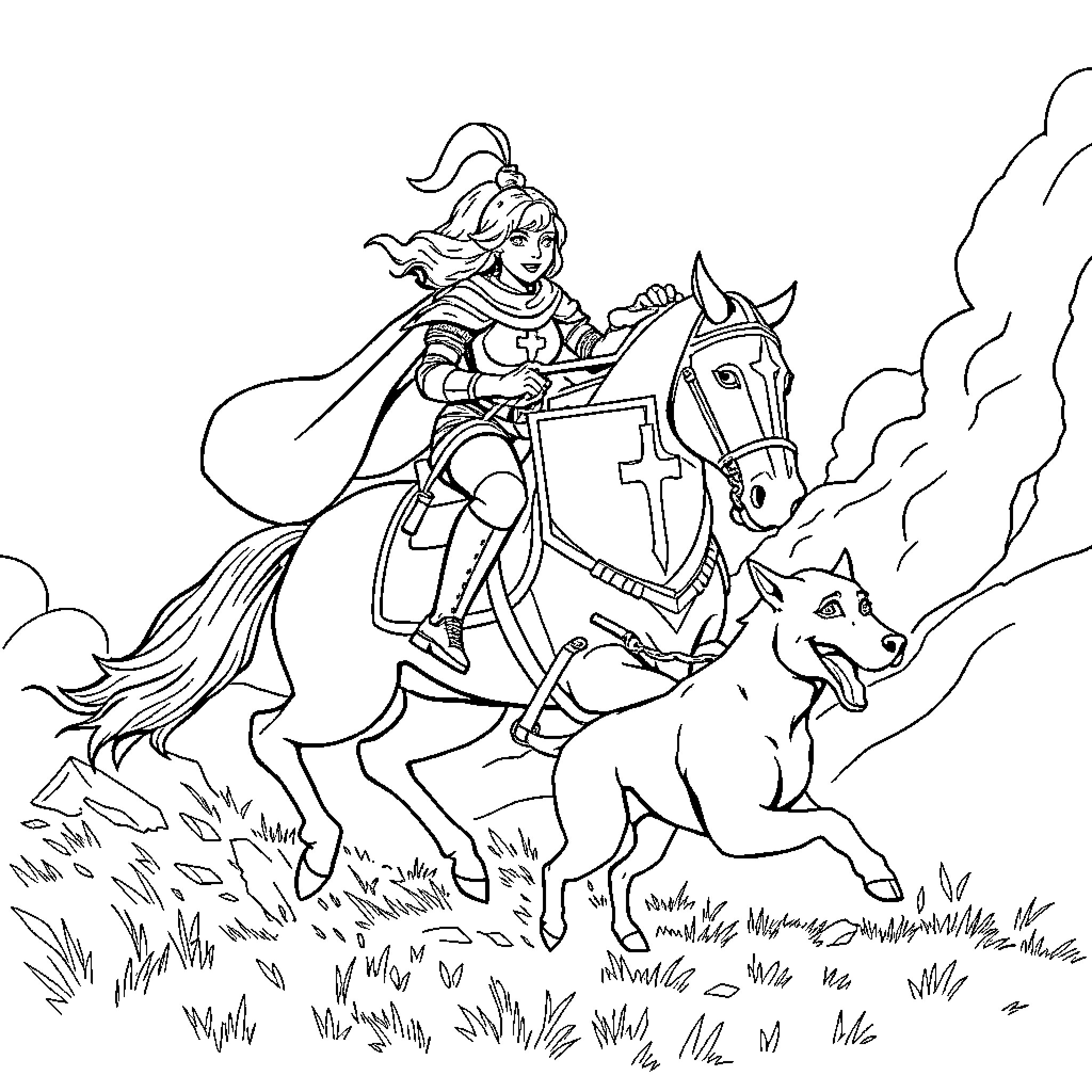 Knight Riding Heroically on Horseback with Companion Coloring Page (free black-and-white line drawing printable PDF for all, from beginners to advanced learners, including children, teens, adults, and seniors)