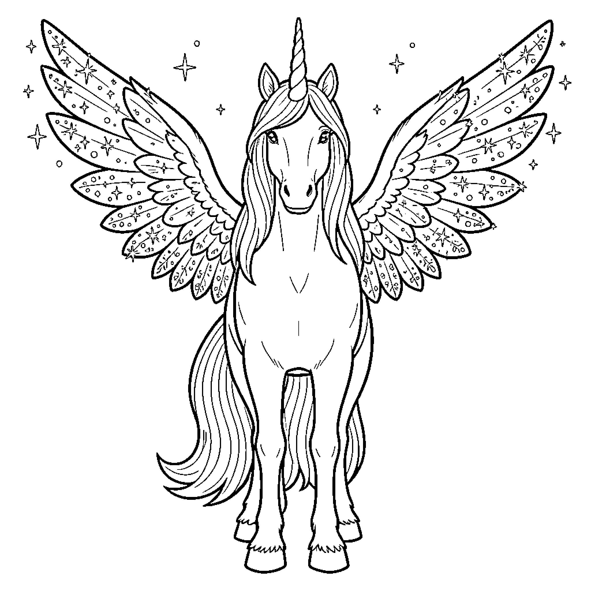 Unicorn with Magical Wings and Starry Sky Coloring Page (free black-and-white line drawing printable PDF for all, from beginners to advanced learners, including children, teens, adults, and seniors)
