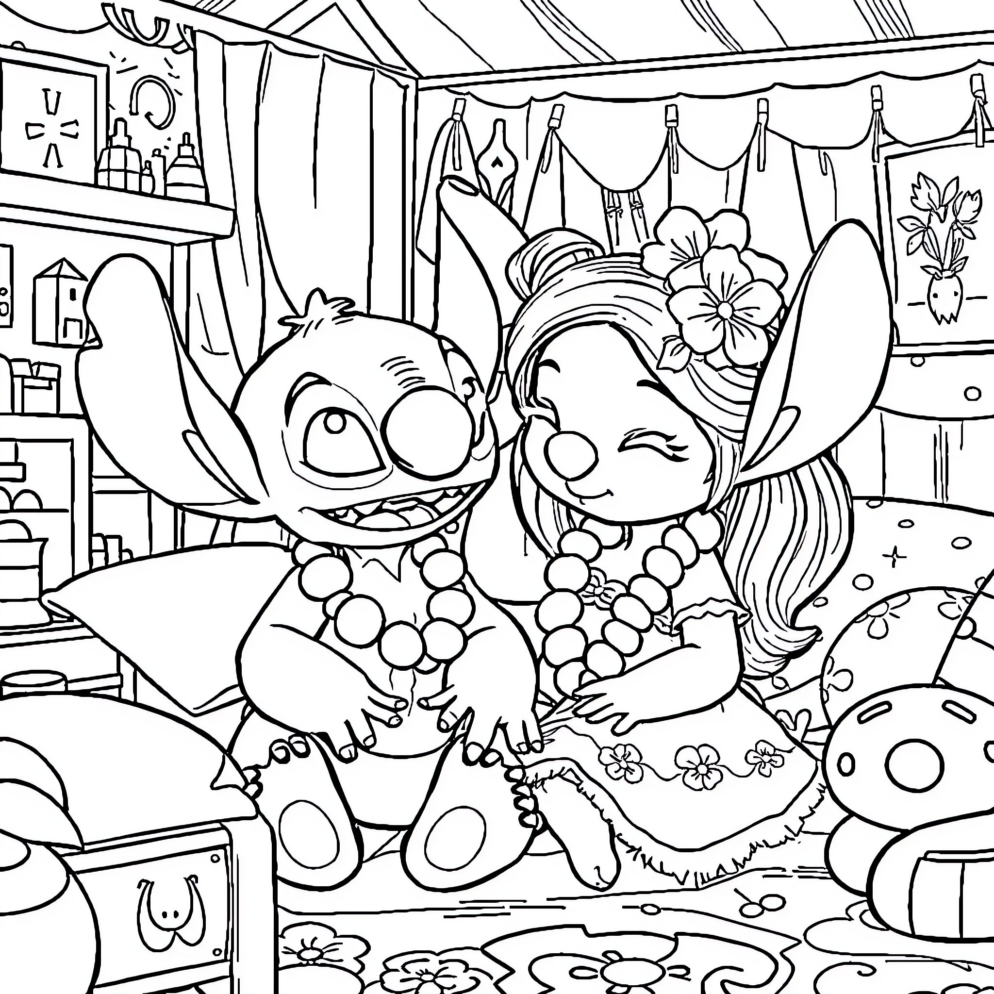 Stitch and Lilo's Cozy Hideaway Coloring Page (free black-and-white line drawing printable PDF for all, from beginners to advanced learners, including children, teens, adults, and seniors)