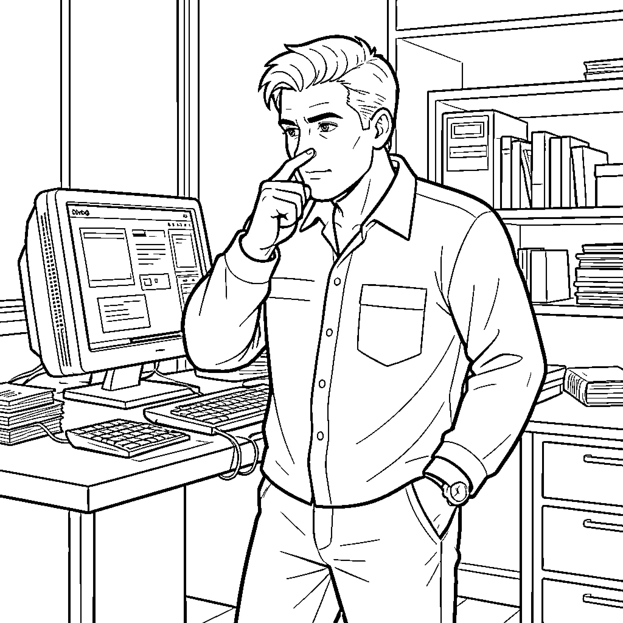 IT Technician thinking deeply while working at a desk Coloring Page (free black-and-white line drawing printable PDF for all, from beginners to advanced learners, including children, teens, adults, and seniors)