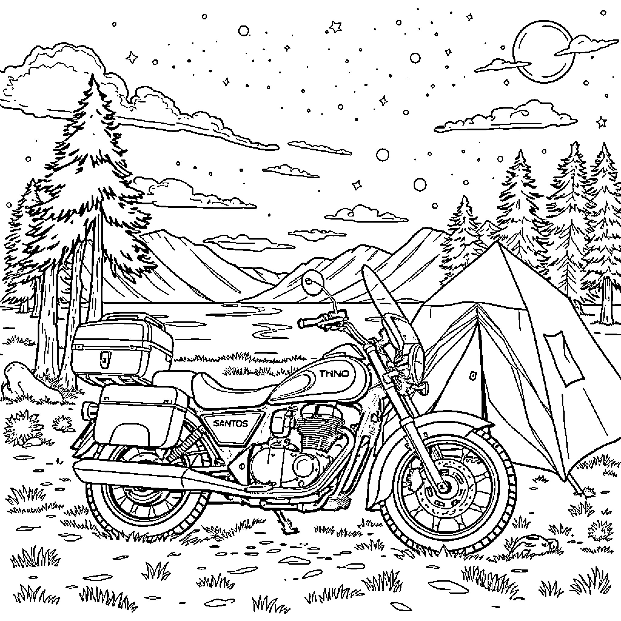 Bike camping in the wilderness under the night sky Coloring Page (free black-and-white line drawing printable PDF for all, from beginners to advanced learners, including children, teens, adults, and seniors)