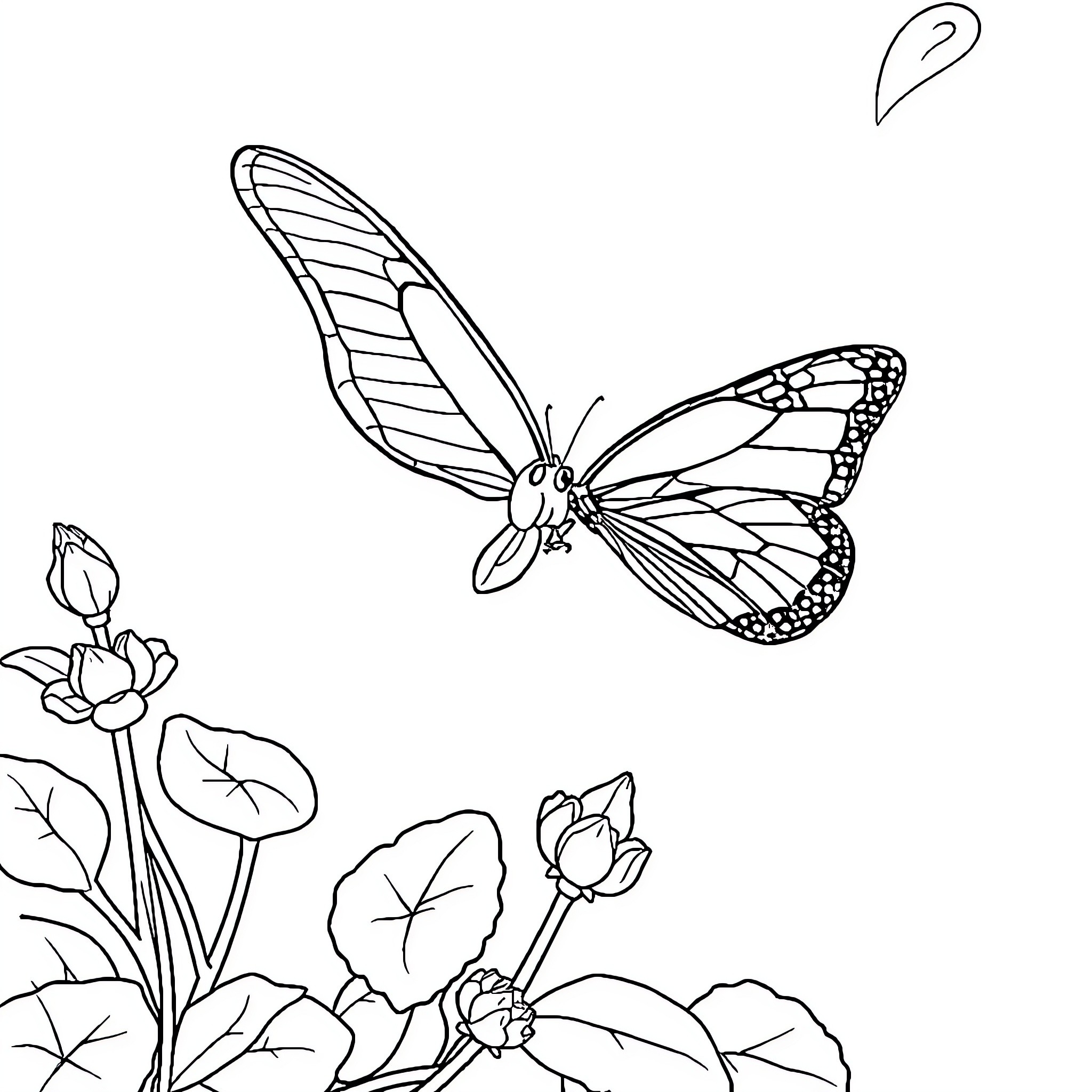 Perro exploring a floral garden with butterflies Coloring Page (free black-and-white line drawing printable PDF for all, from beginners to advanced learners, including children, teens, adults, and seniors)