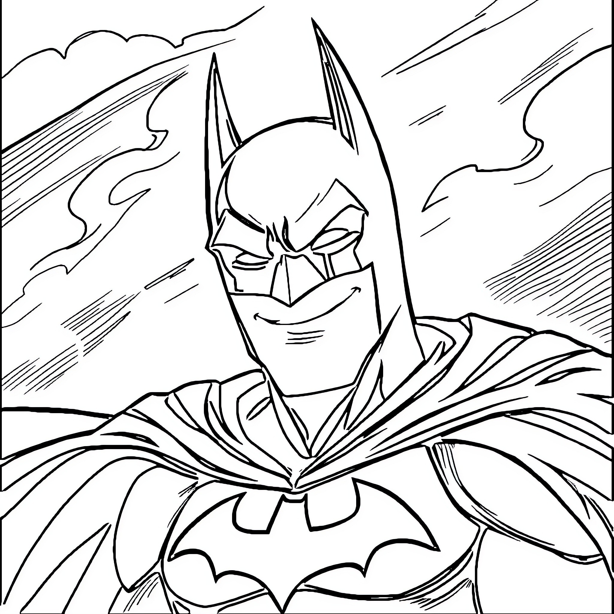 Batman in action-packed dramatic pose Coloring Page (free black-and-white line drawing printable PDF for all, from beginners to advanced learners, including children, teens, adults, and seniors)
