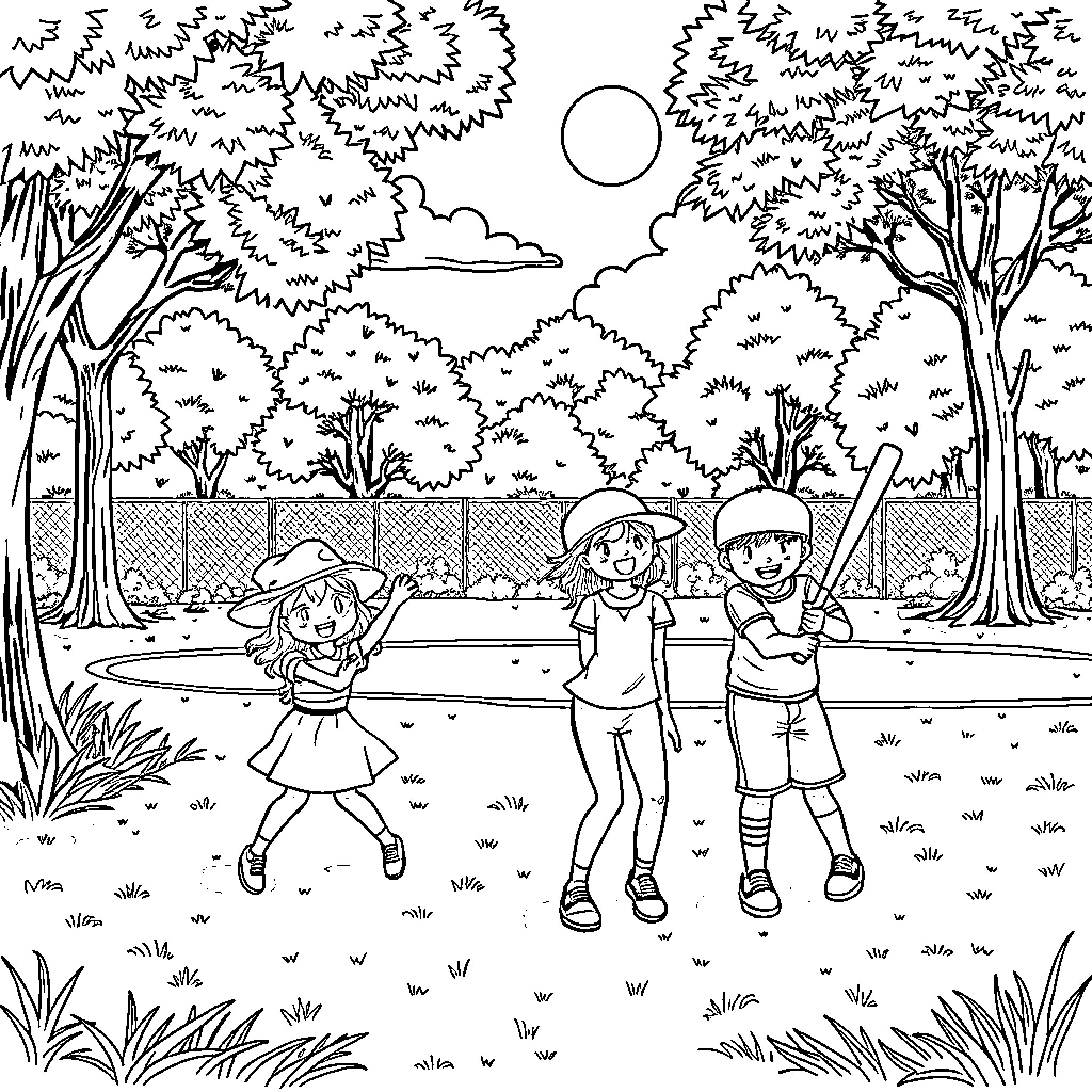 Baseball fun in the park Coloring Page (free black-and-white line drawing printable PDF for all, from beginners to advanced learners, including children, teens, adults, and seniors)