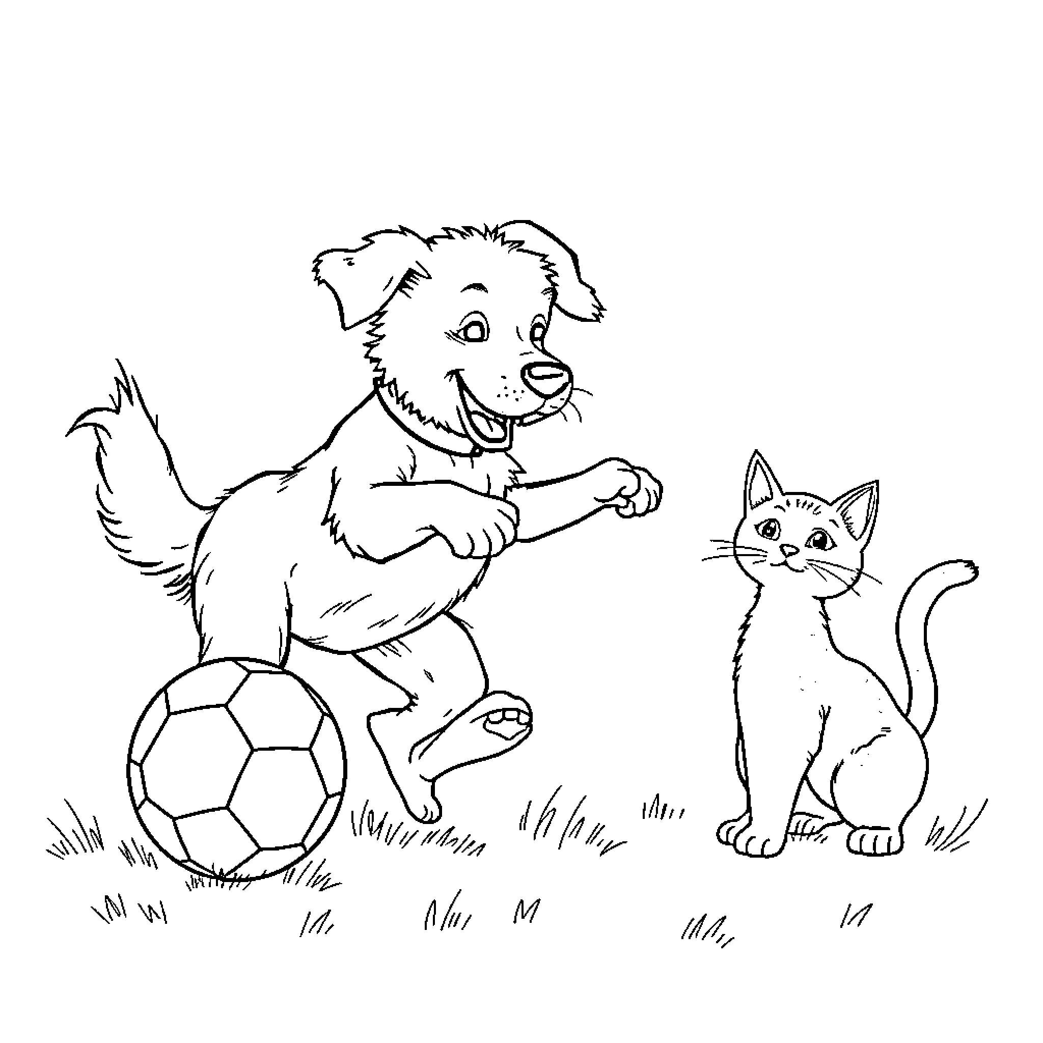 Dog playing with soccer ball and kitten Coloring Page (free black-and-white line drawing printable PDF for all, from beginners to advanced learners, including children, teens, adults, and seniors)
