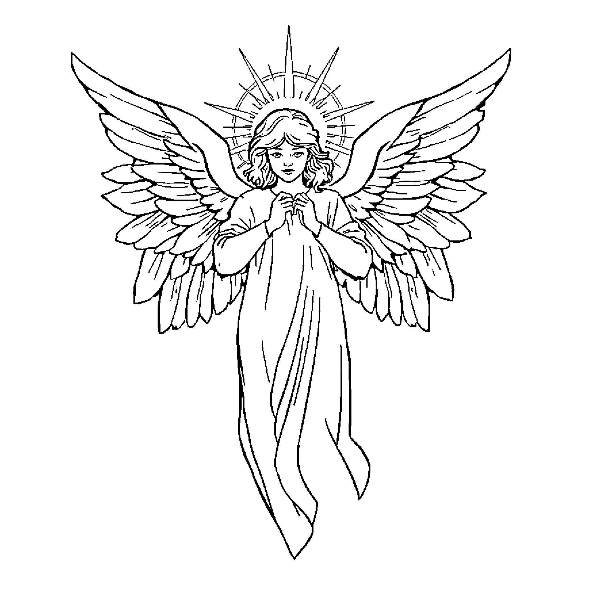 Angel of Light with Outstretched Wings Coloring Page (free black-and-white line drawing printable PDF for all, from beginners to advanced learners, including children, teens, adults, and seniors)