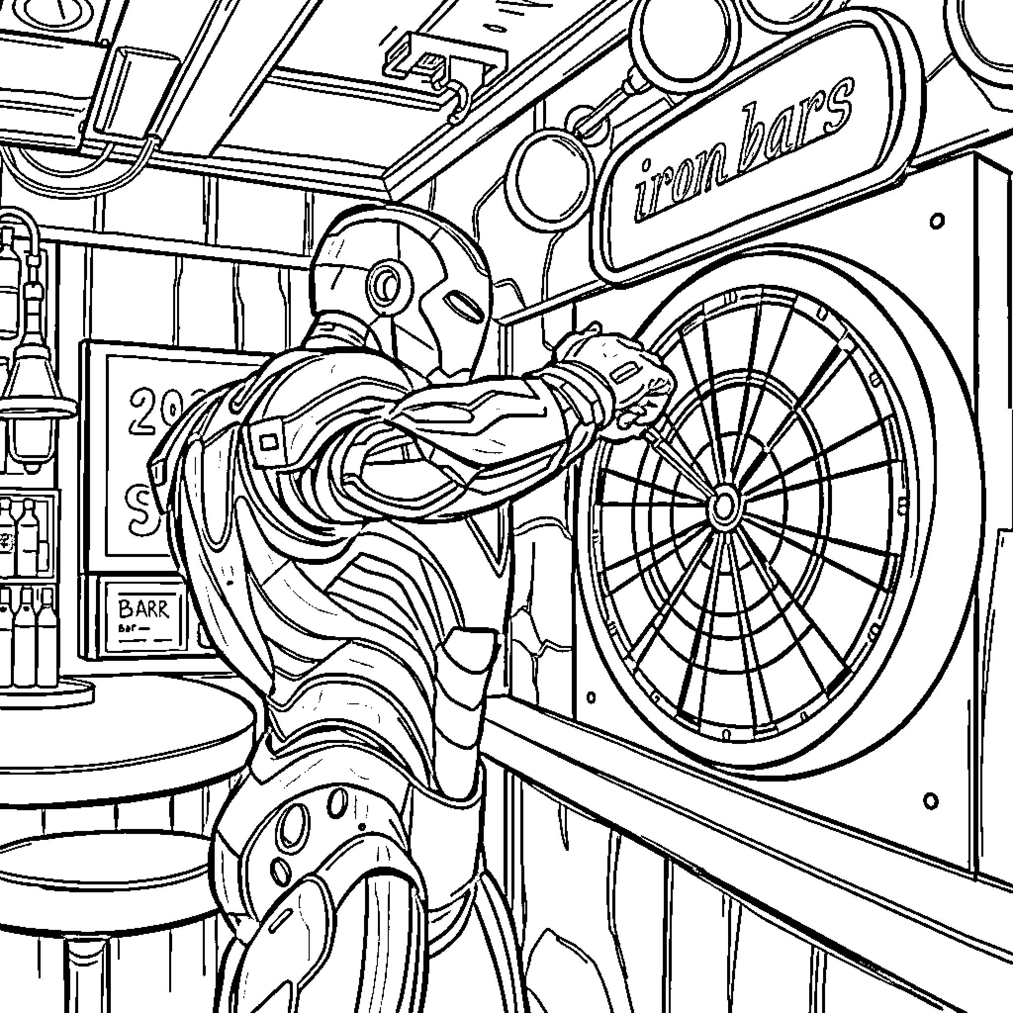 Ironman shooting laser beams in futuristic workshop Coloring Page (free black-and-white line drawing printable PDF for all, from beginners to advanced learners, including children, teens, adults, and seniors)