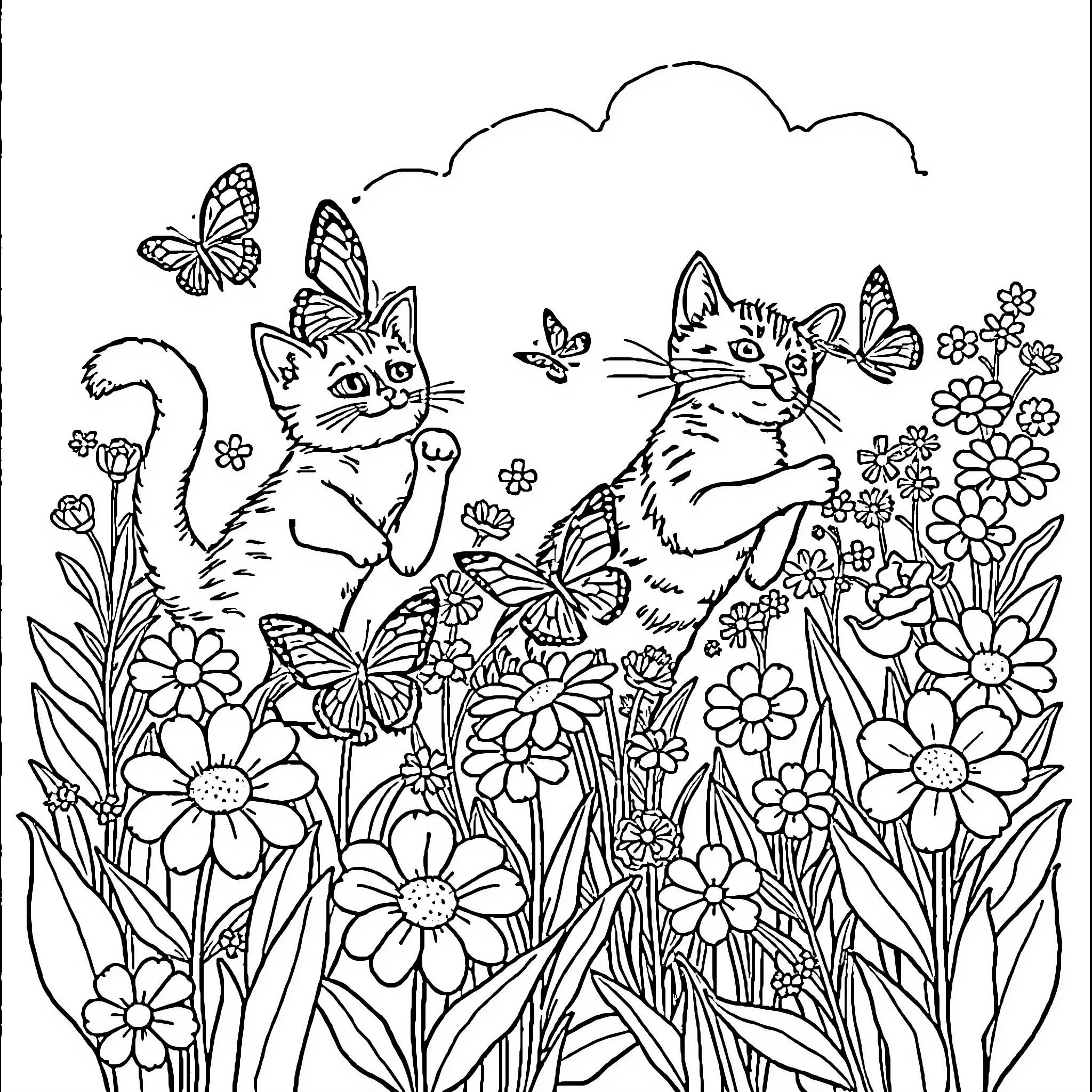 Cats playing amidst flowers and butterflies Coloring Page (free black-and-white line drawing printable PDF for all, from beginners to advanced learners, including children, teens, adults, and seniors)