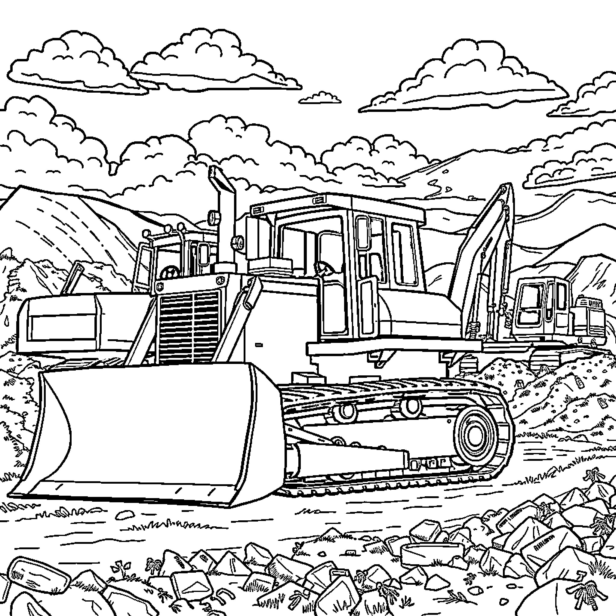 Heavy Equipment Machinery in a Mountainous Landscape Coloring Page (free black-and-white line drawing printable PDF for all, from beginners to advanced learners, including children, teens, adults, and seniors)