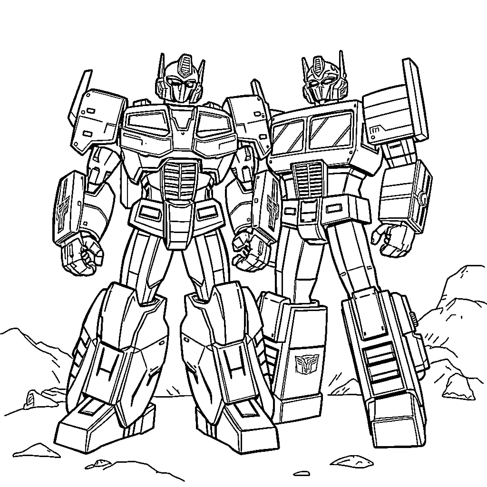 Transformer robots standing in a dramatic pose Coloring Page (free black-and-white line drawing printable PDF for all, from beginners to advanced learners, including children, teens, adults, and seniors)