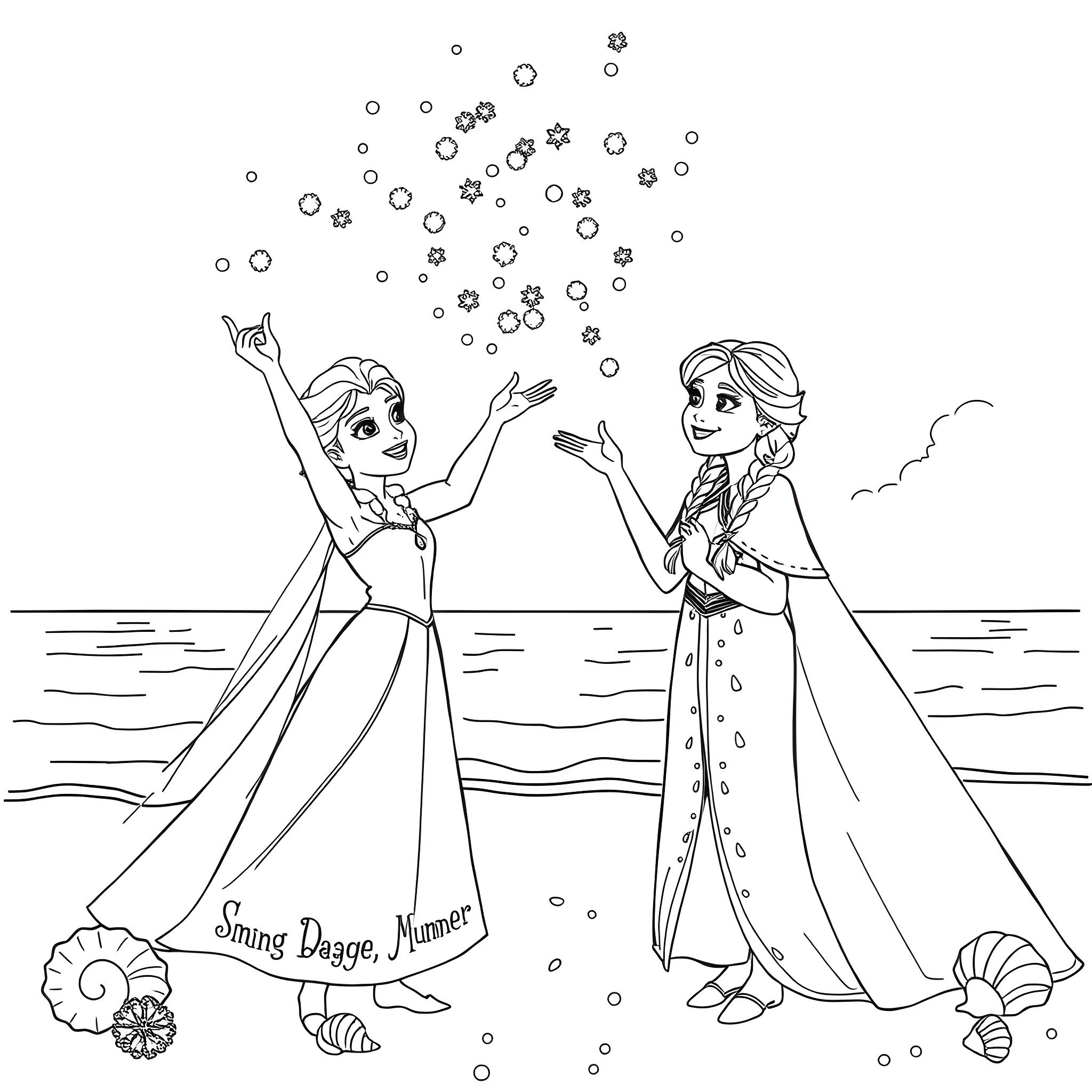Elsa and Anna playing in the snowy beach Coloring Page (free black-and-white line drawing printable PDF for all, from beginners to advanced learners, including children, teens, adults, and seniors)