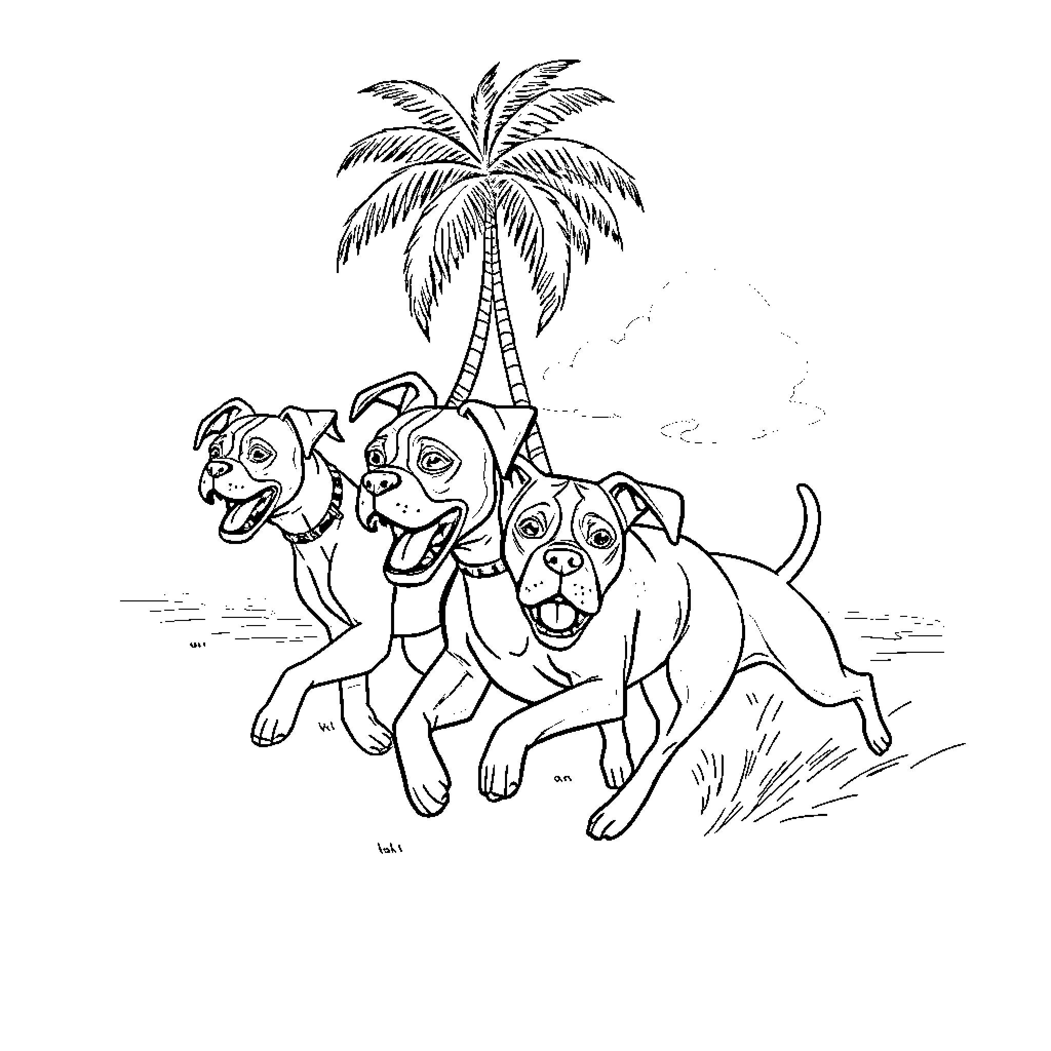Dogs playing joyfully under palm tree Coloring Page (free black-and-white line drawing printable PDF for all, from beginners to advanced learners, including children, teens, adults, and seniors)