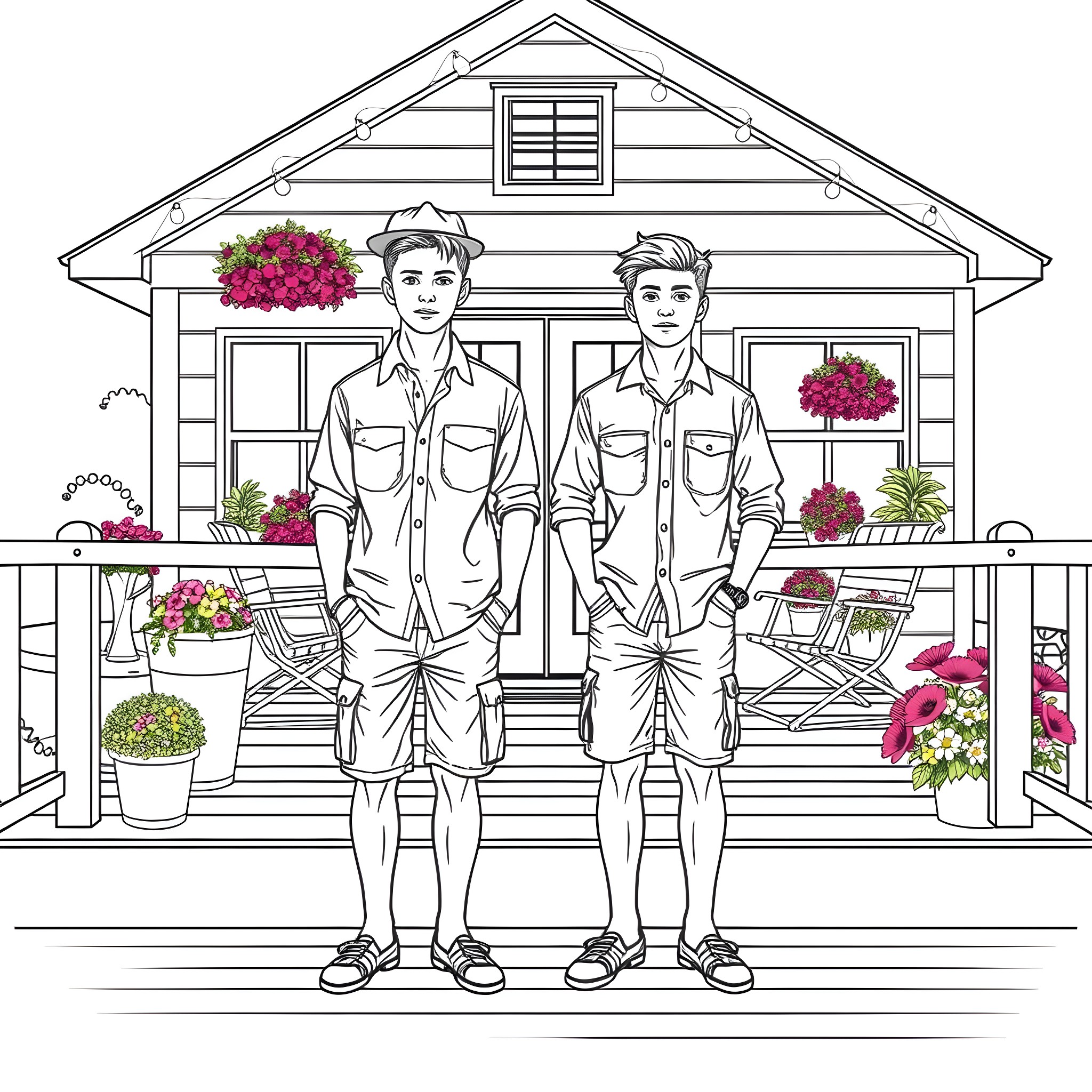 Teen Guy Enjoying Summer with Friend at Cozy Cottage Coloring Page (free black-and-white line drawing printable PDF for all, from beginners to advanced learners, including children, teens, adults, and seniors)