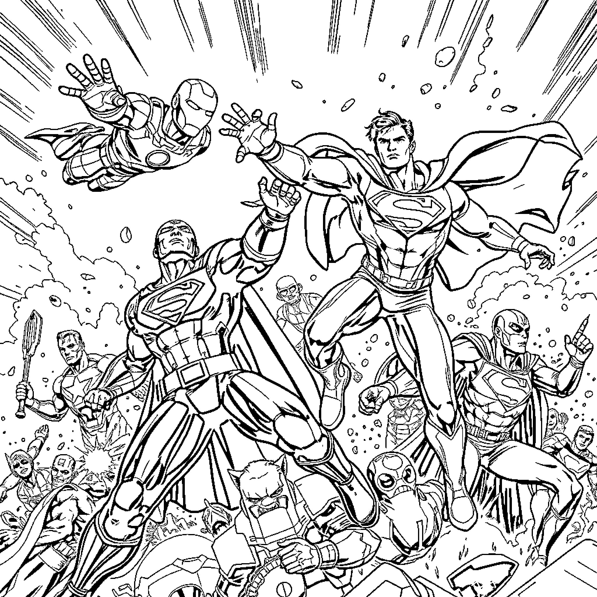 Superheroes in an epic battle of action and heroics Coloring Page (free black-and-white line drawing printable PDF for all, from beginners to advanced learners, including children, teens, adults, and seniors)