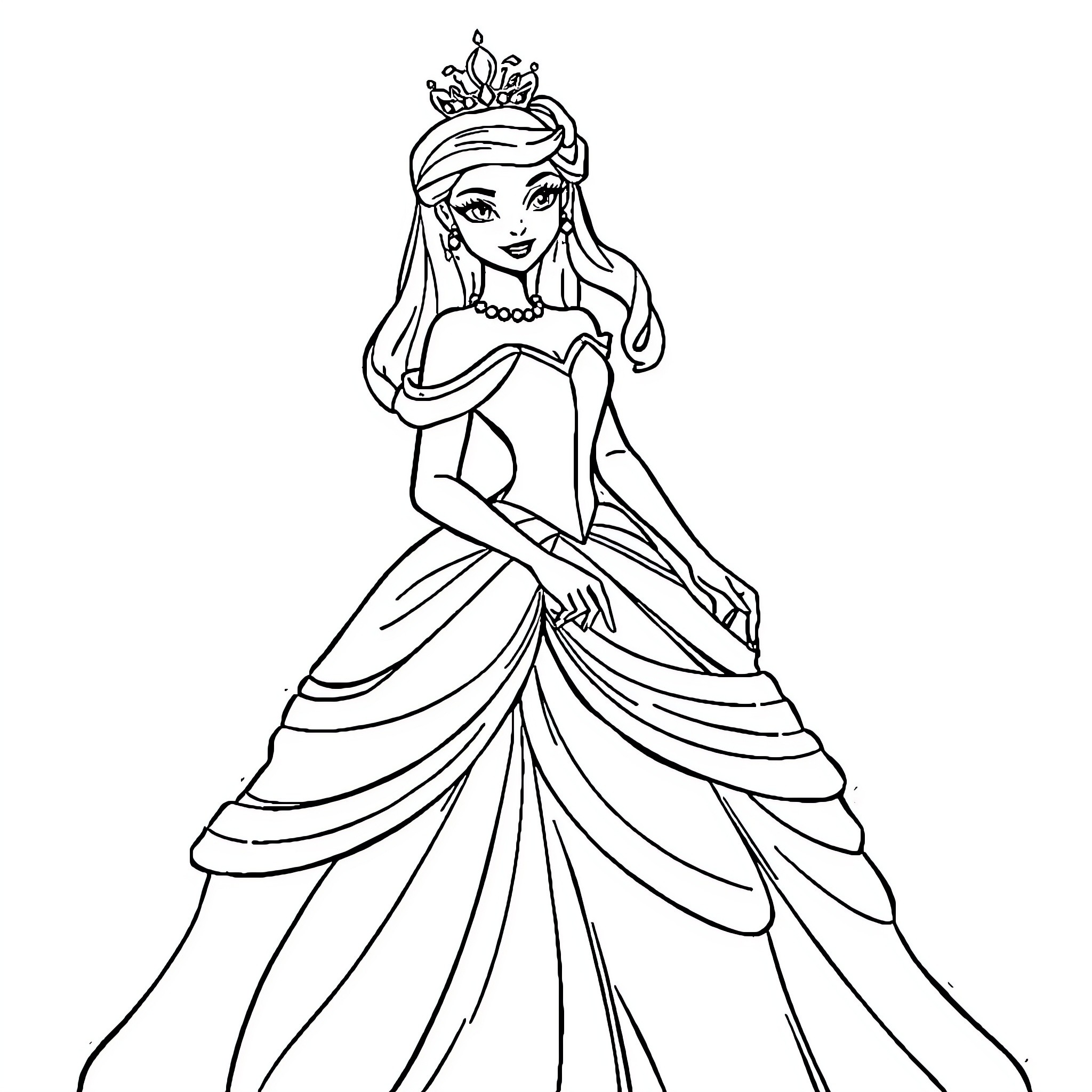 Princess in Elegant Gown and Crown Coloring Page (free black-and-white line drawing printable PDF for all, from beginners to advanced learners, including children, teens, adults, and seniors)