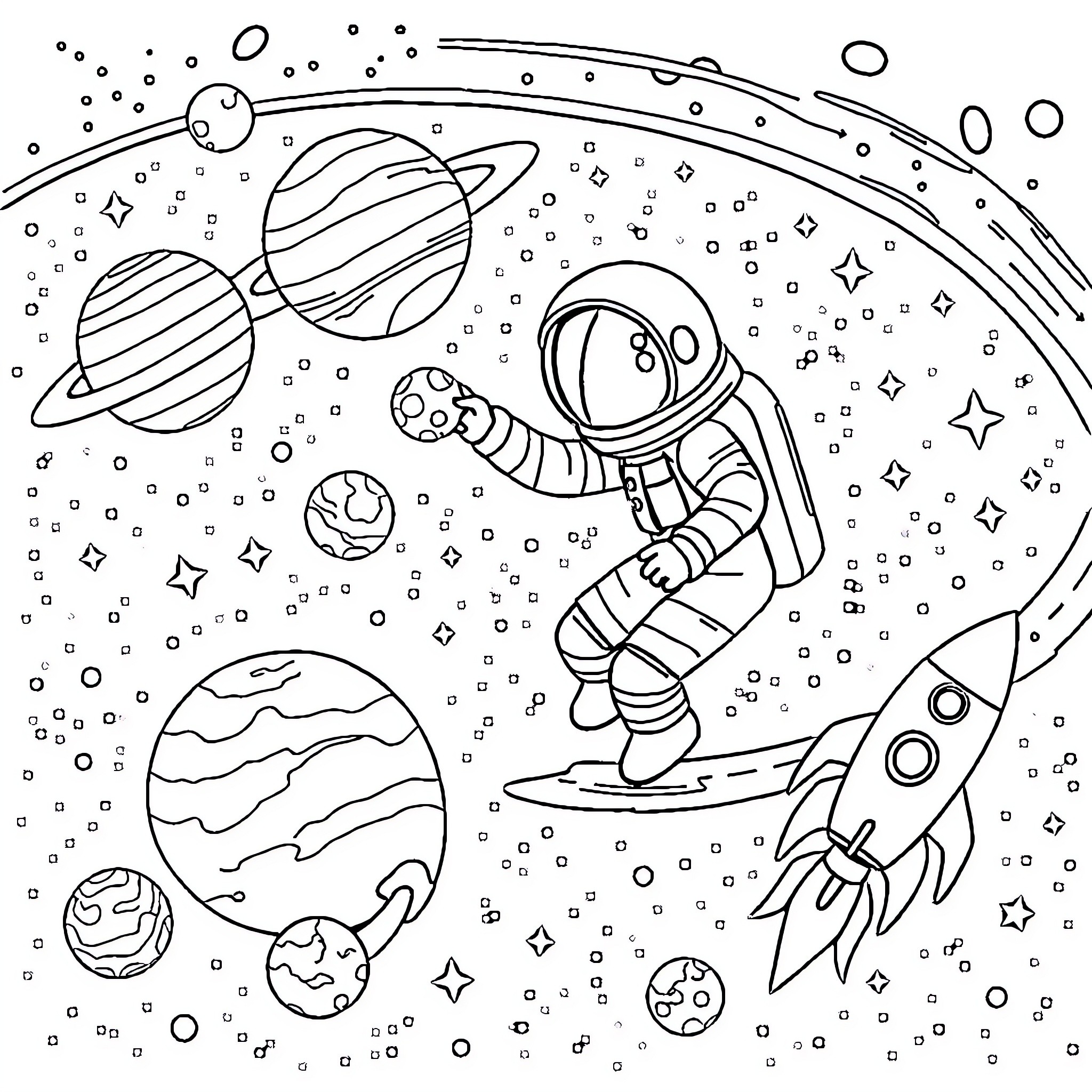 Space adventure with astronaut and planets Coloring Page (free black-and-white line drawing printable PDF for all, from beginners to advanced learners, including children, teens, adults, and seniors)