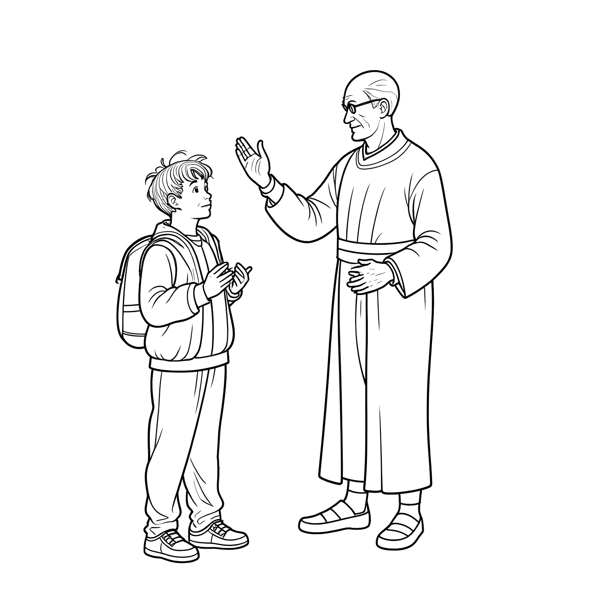 Man counseling or comforting a young boy Coloring Page (free black-and-white line drawing printable PDF for all, from beginners to advanced learners, including children, teens, adults, and seniors)