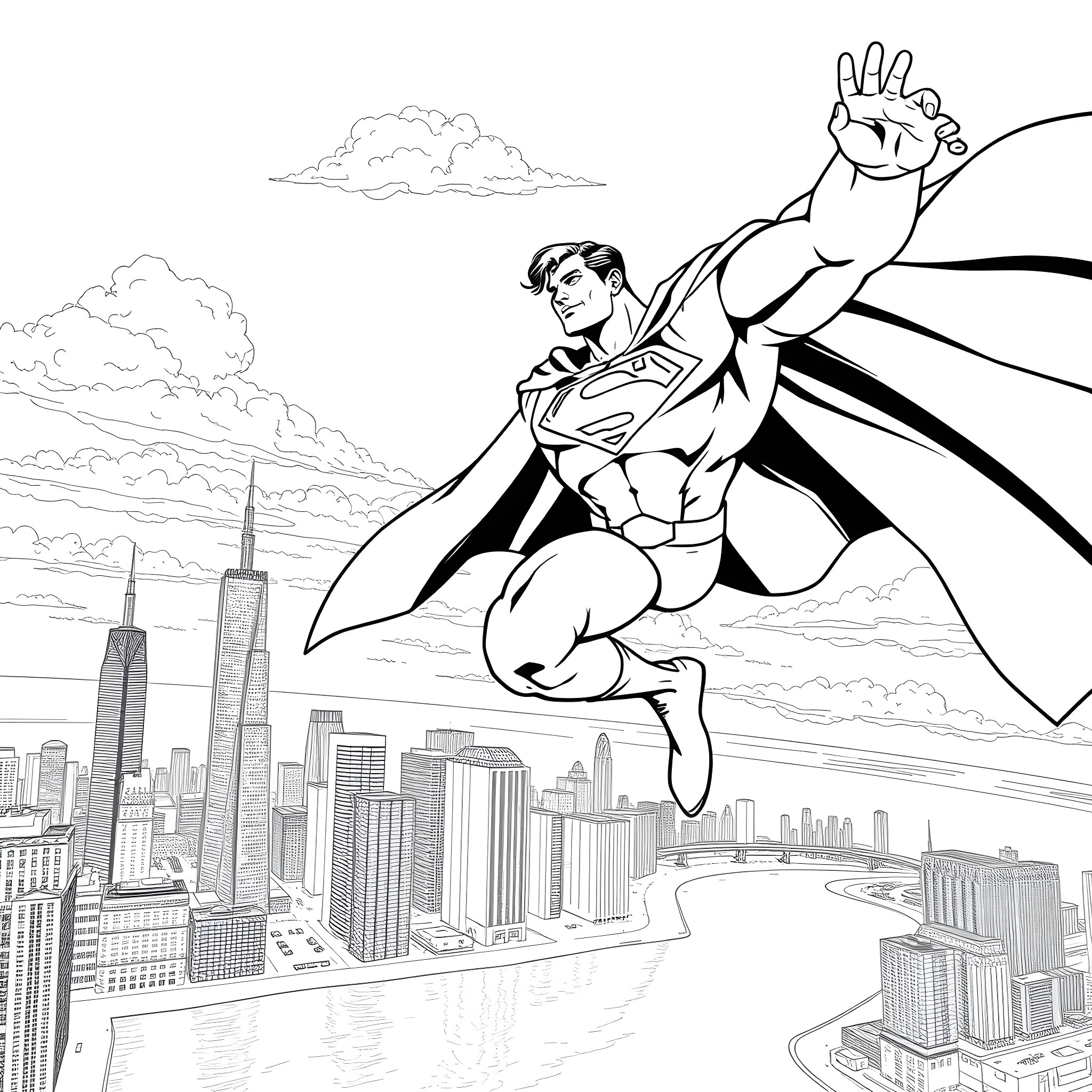 Superman soaring over the city skyline Coloring Page (free black-and-white line drawing printable PDF for all, from beginners to advanced learners, including children, teens, adults, and seniors)