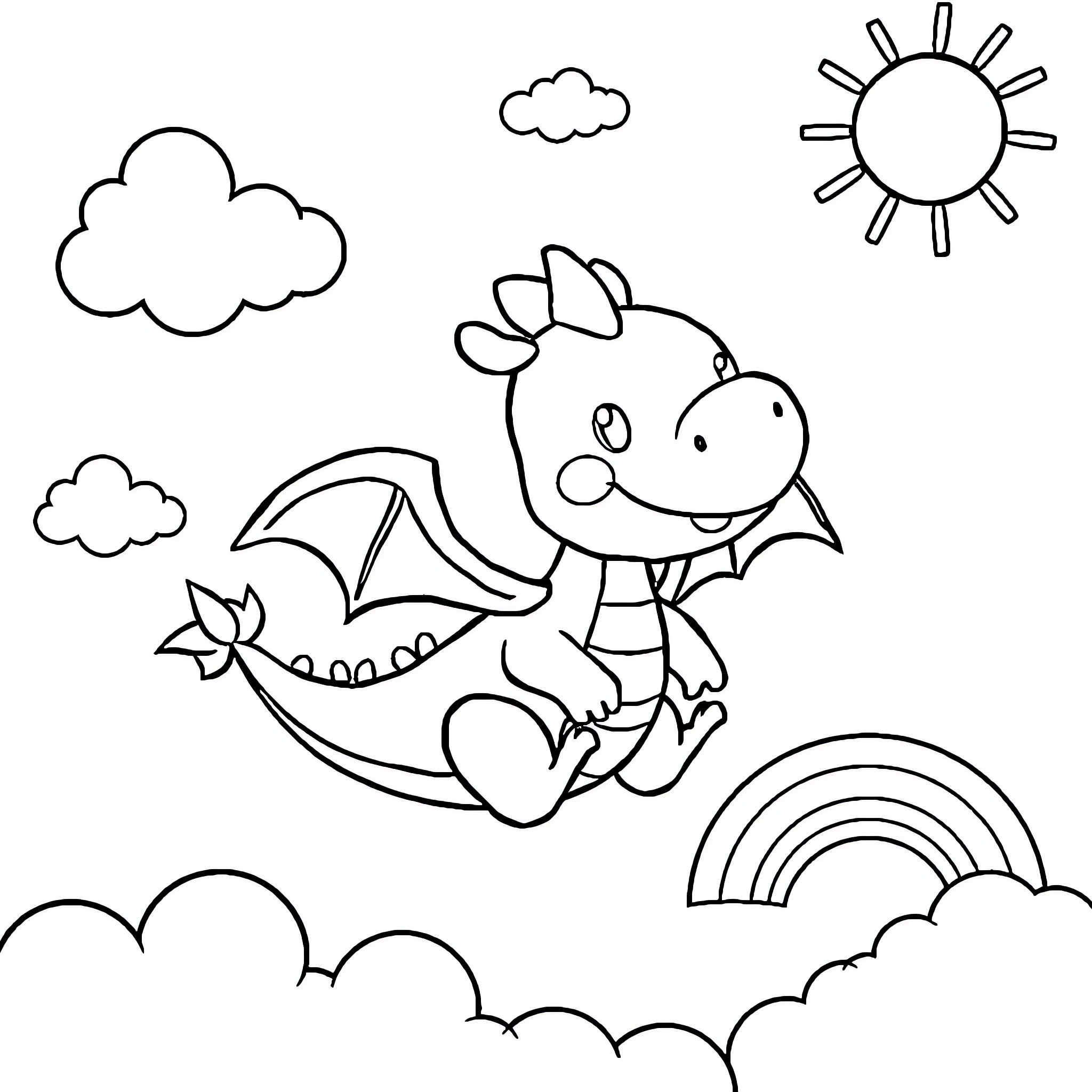 Dragon flying happily through the sky Coloring Page (free black-and-white line drawing printable PDF for all, from beginners to advanced learners, including children, teens, adults, and seniors)