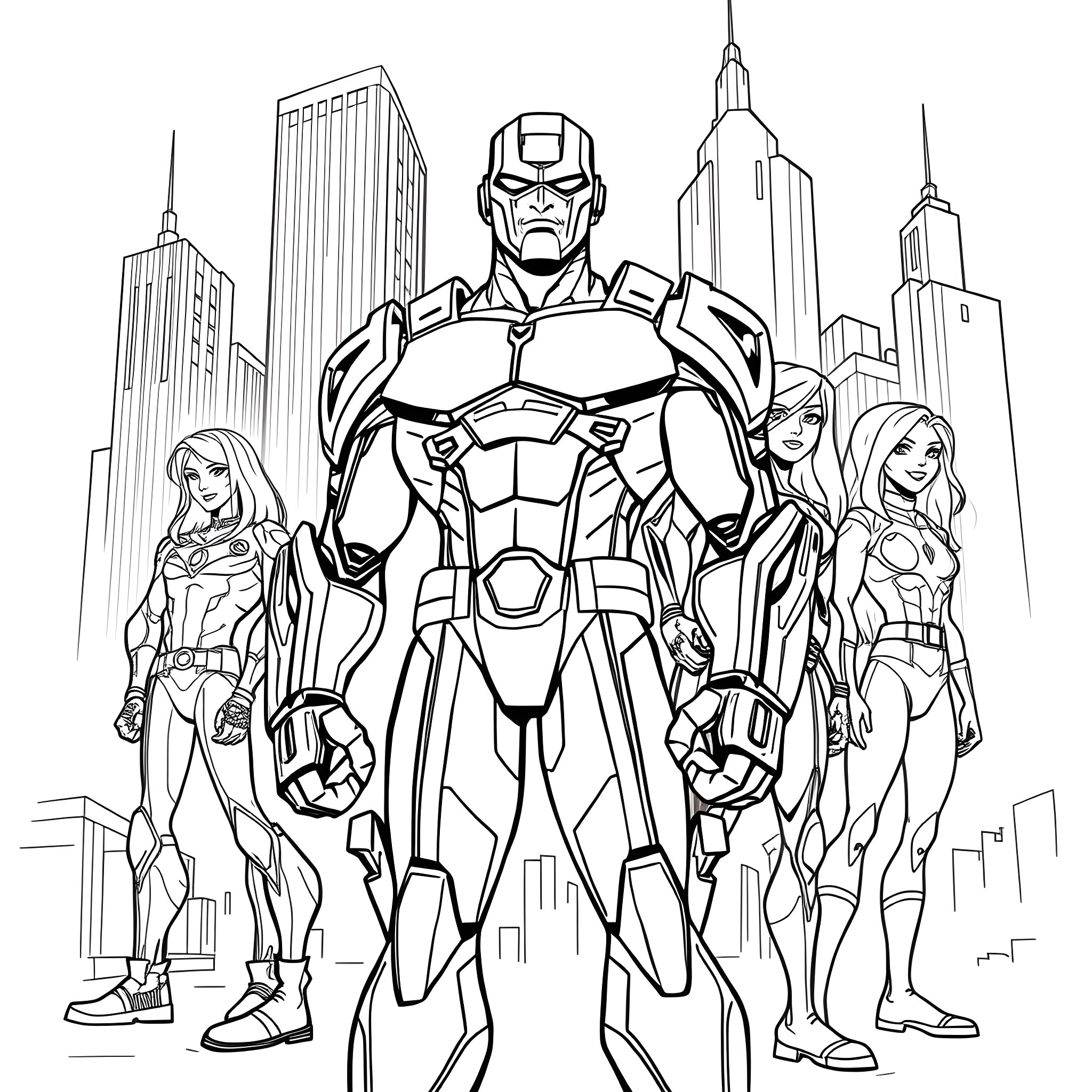Cyborg superheroes in futuristic city Coloring Page (free black-and-white line drawing printable PDF for all, from beginners to advanced learners, including children, teens, adults, and seniors)