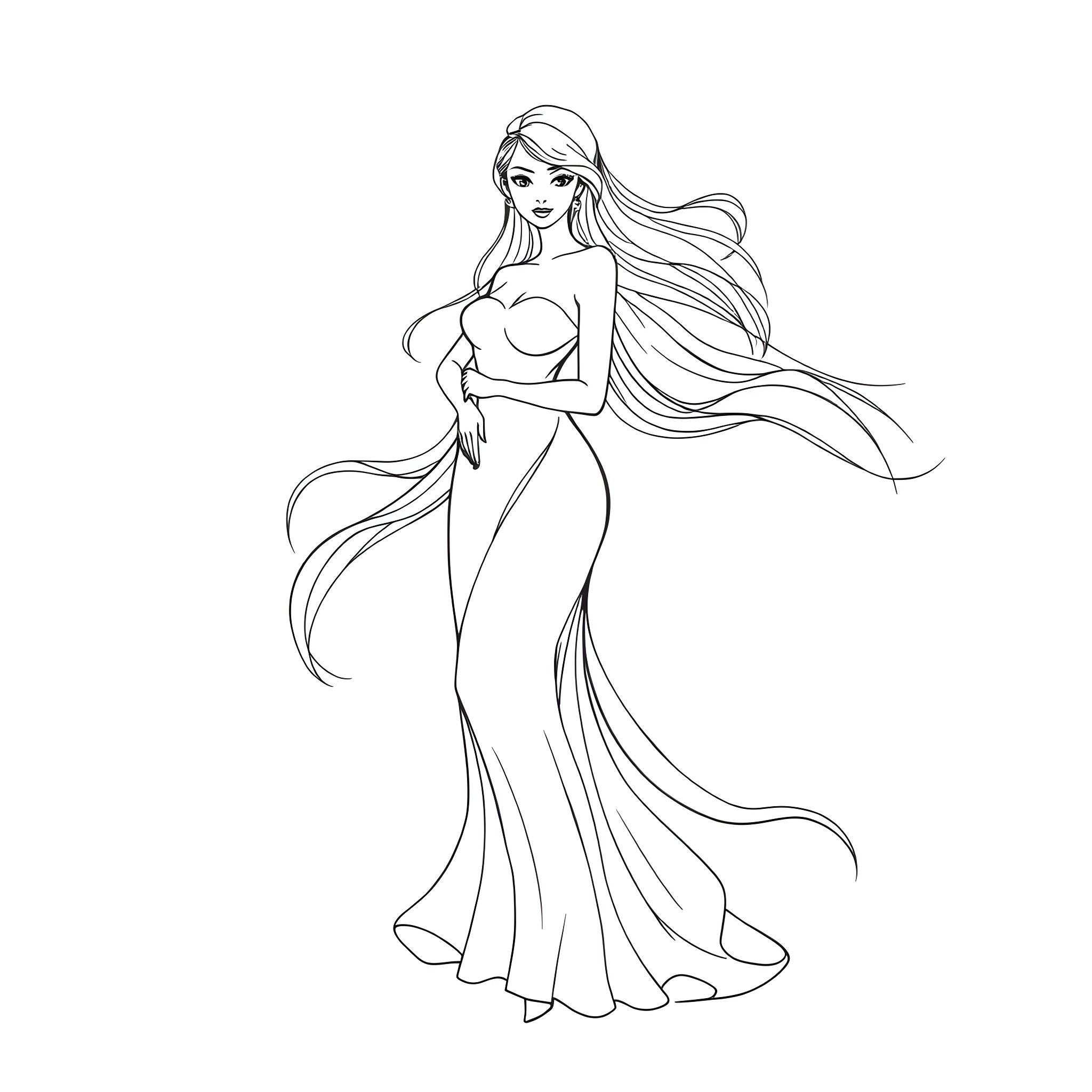 Woman in elegant flowing dress Coloring Page (free black-and-white line drawing printable PDF for all, from beginners to advanced learners, including children, teens, adults, and seniors)