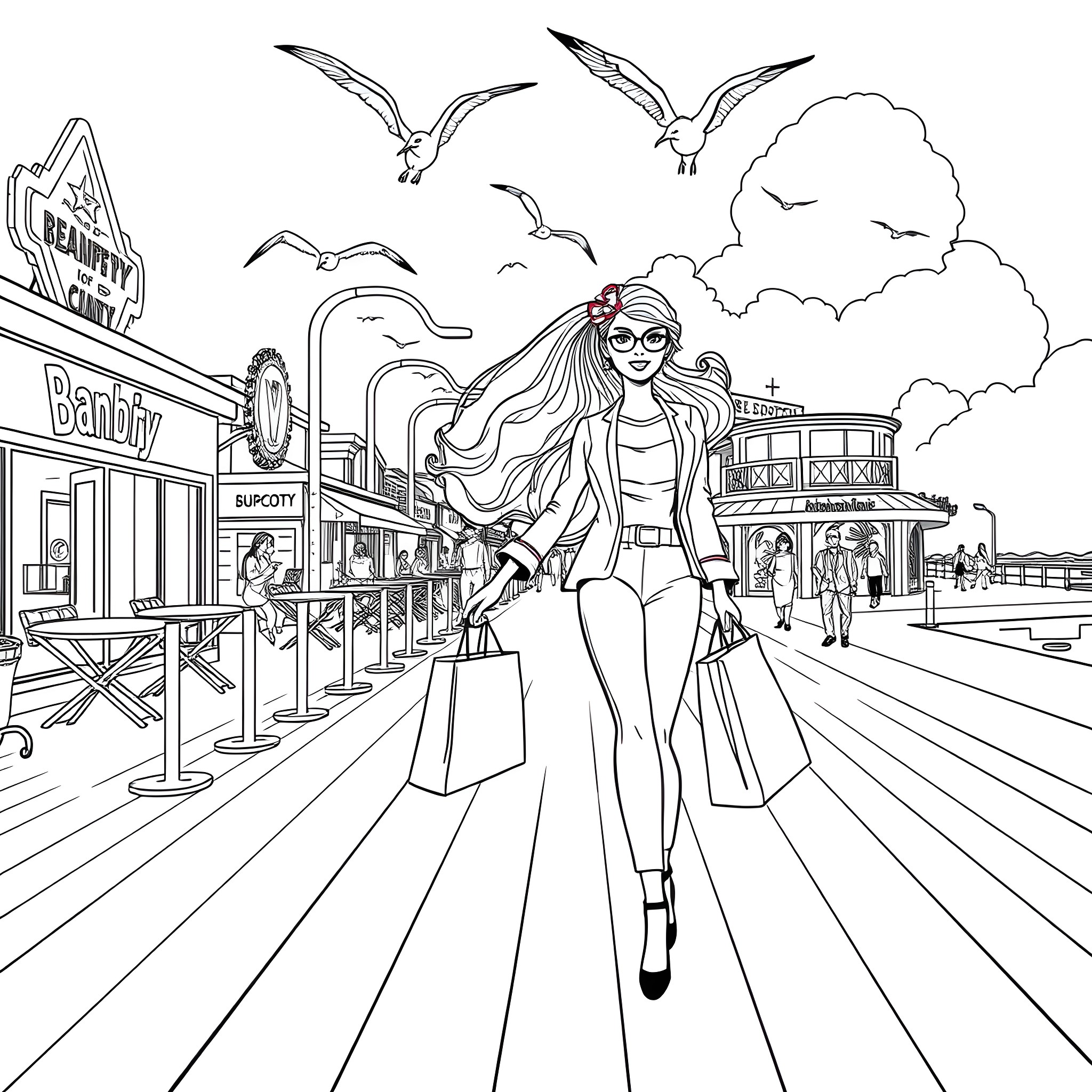Barbie shopping in the city with seagulls Coloring Page (free black-and-white line drawing printable PDF for all, from beginners to advanced learners, including children, teens, adults, and seniors)